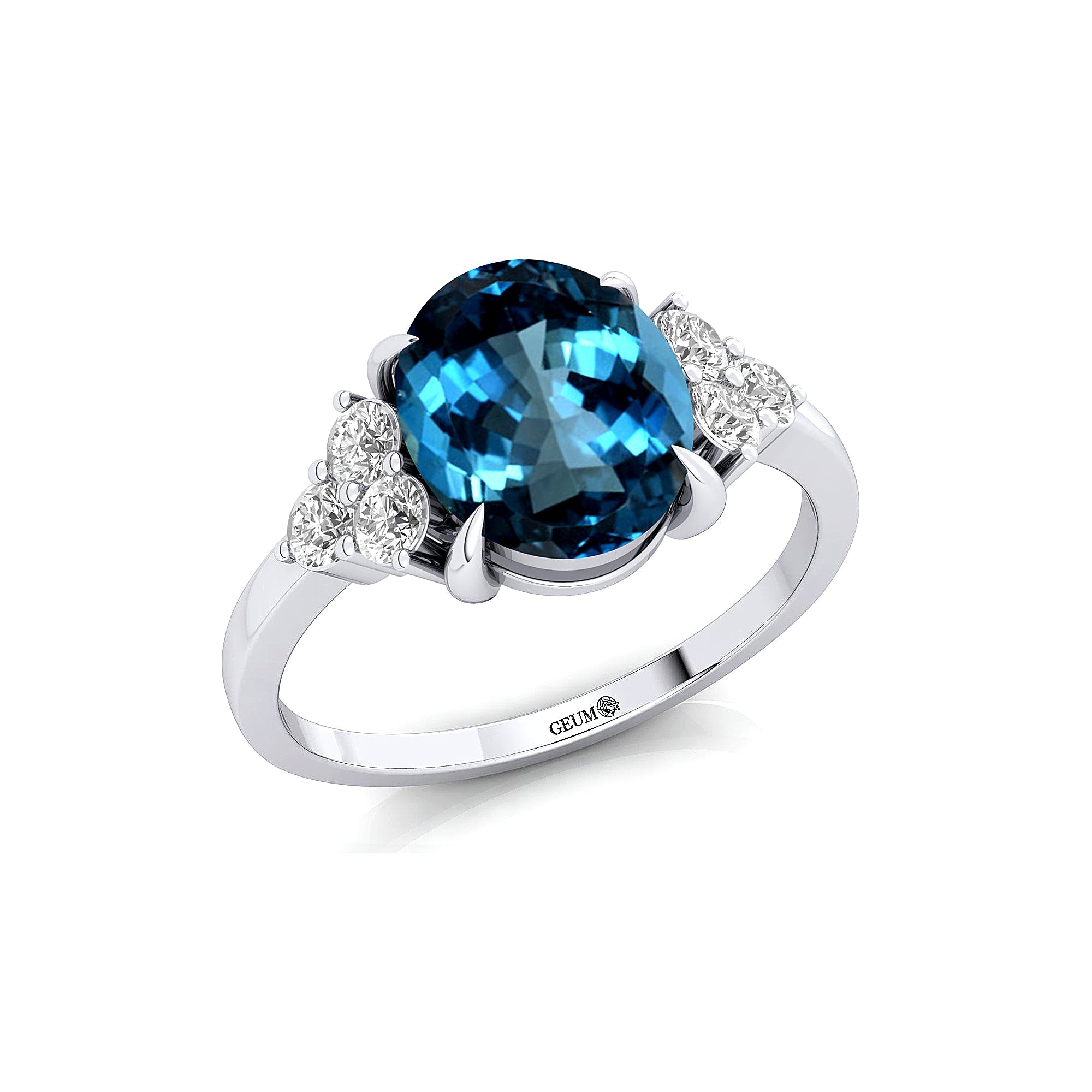 Trio Diamond Engagement Ring with Oval Cut London Blue Topaz - GeumJewels