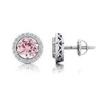 Round Solitaire Morganite Halo Diamond Stud Earrings - GeumJewels