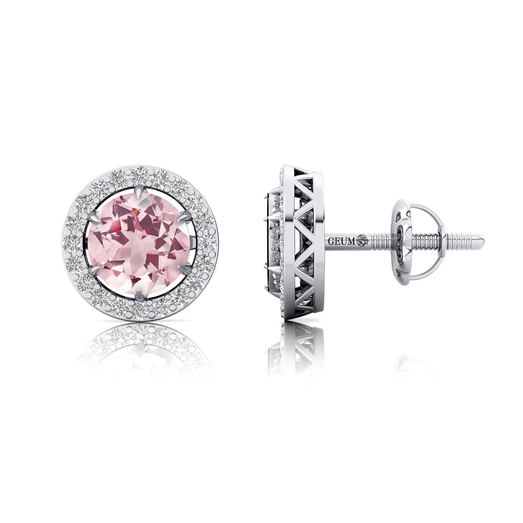 Round Solitaire Morganite Halo Diamond Stud Earrings - GeumJewels