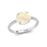 Classic Six Prong Round Solitaire Opal Ring with Accent Diamond Band - GeumJewels