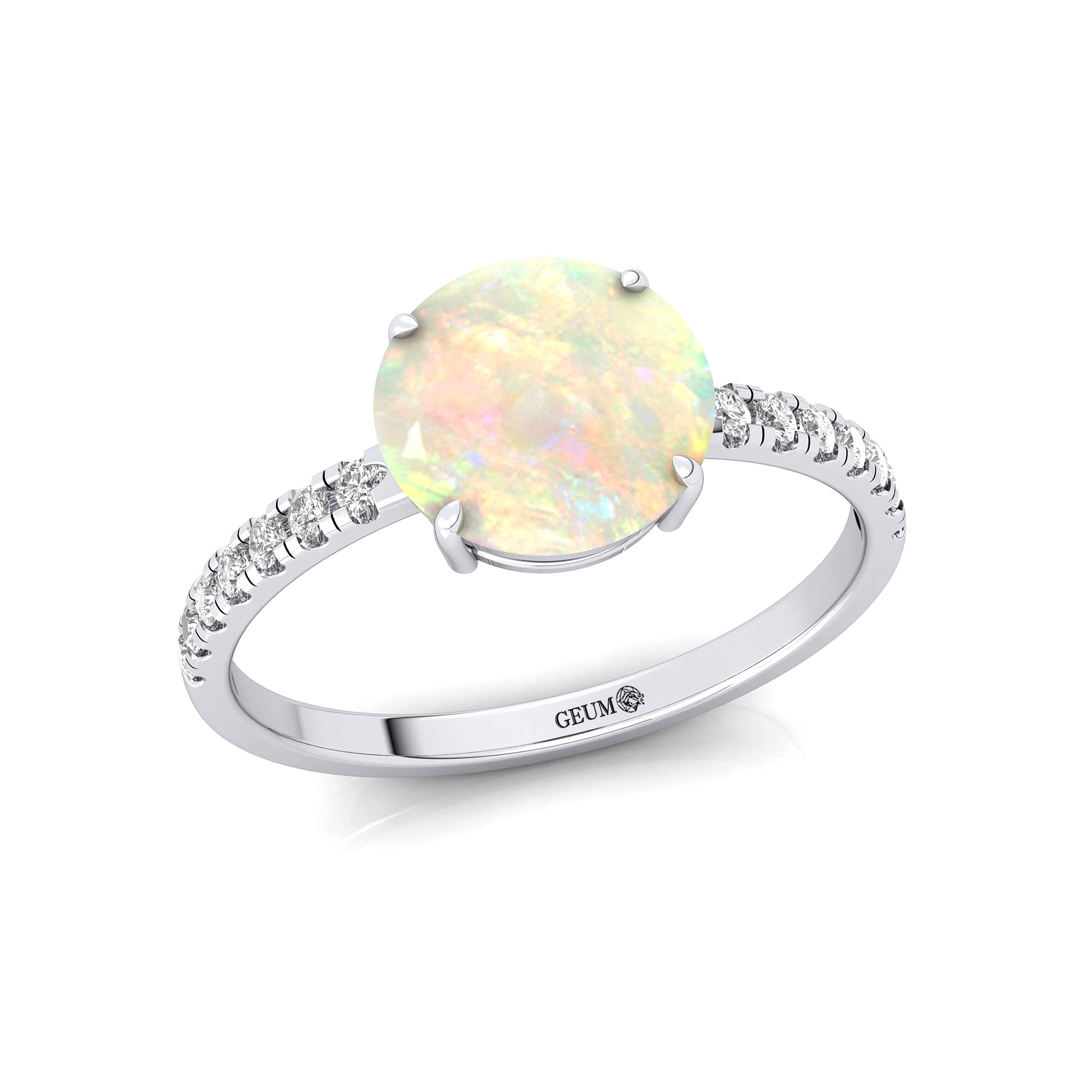 Classic Six Prong Round Solitaire Opal Ring with Accent Diamond Band - GeumJewels