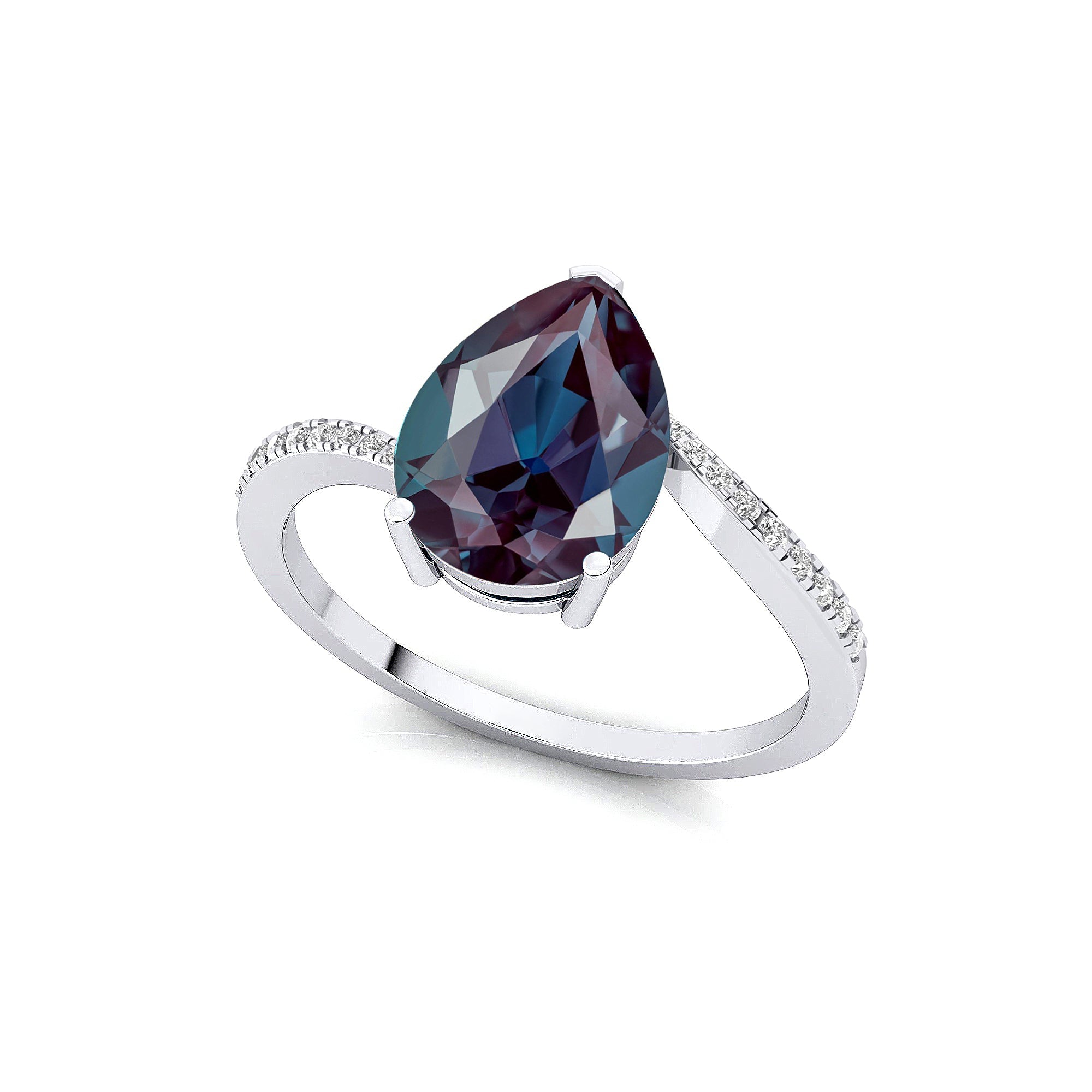 Twisted Up Down Band Pear Shaped Alexandrite Ring with Accent Diamonds - GeumJewels