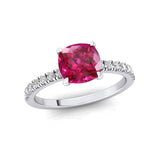 Pink Sapphire Square Cushion Under Halo Diamonds Thin Ring with Diamond Band - GeumJewels