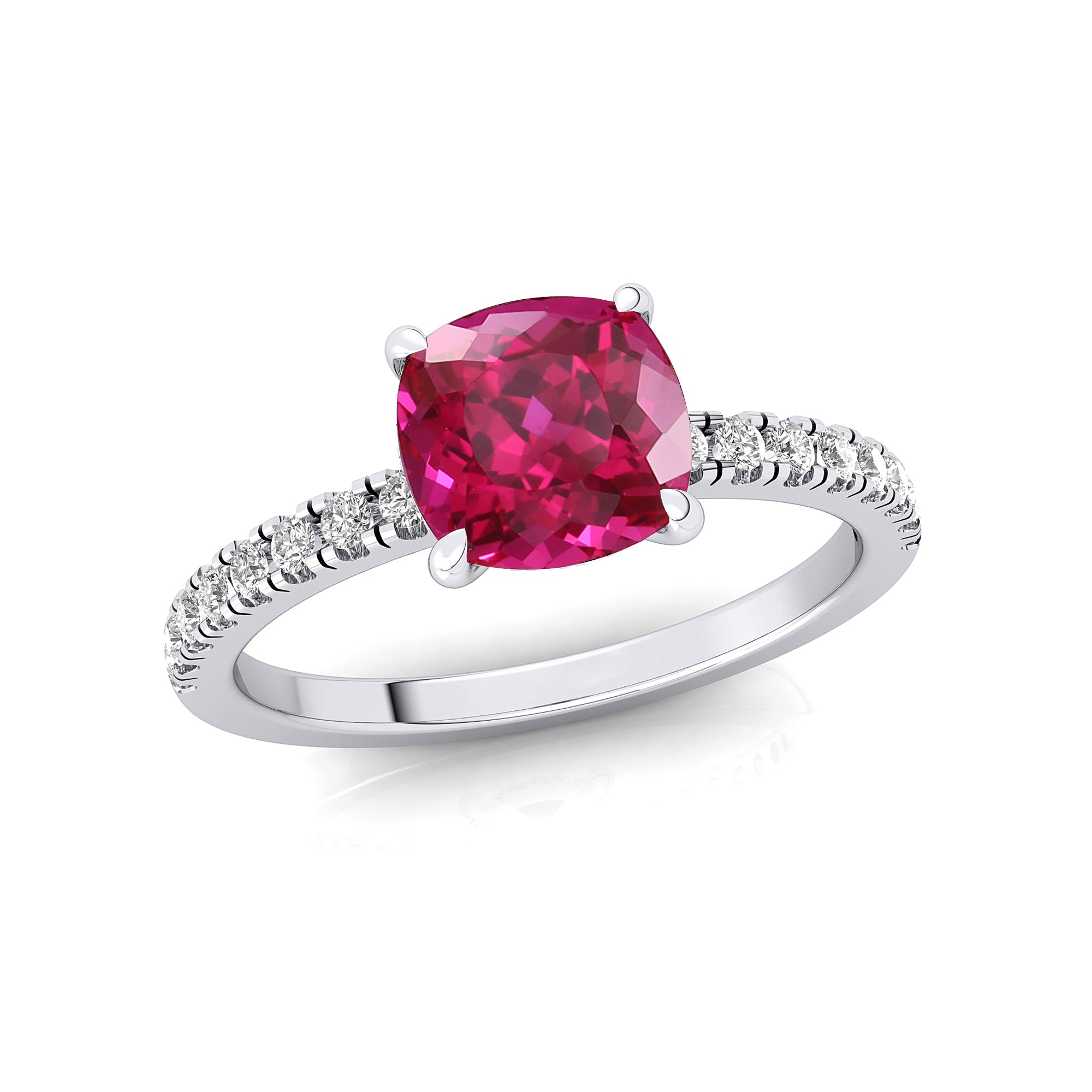 Pink Sapphire Square Cushion Under Halo Diamonds Thin Ring with Diamond Band - GeumJewels
