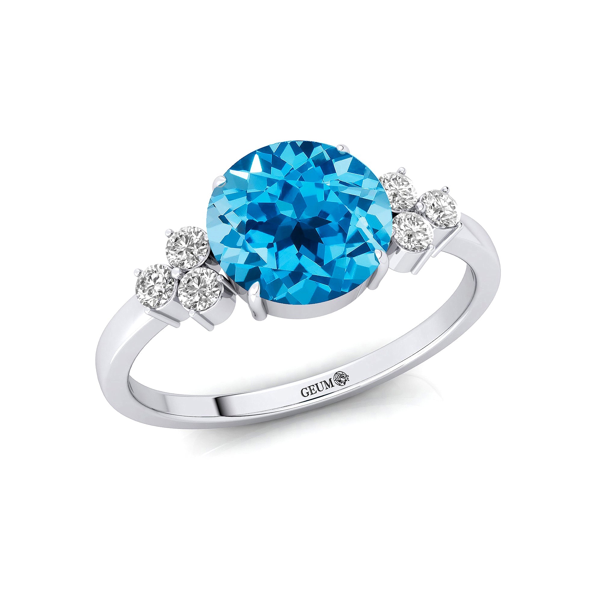 Trio Diamond Engagement Ring with Round Solitaire Swiss Blue Topaz - GeumJewels
