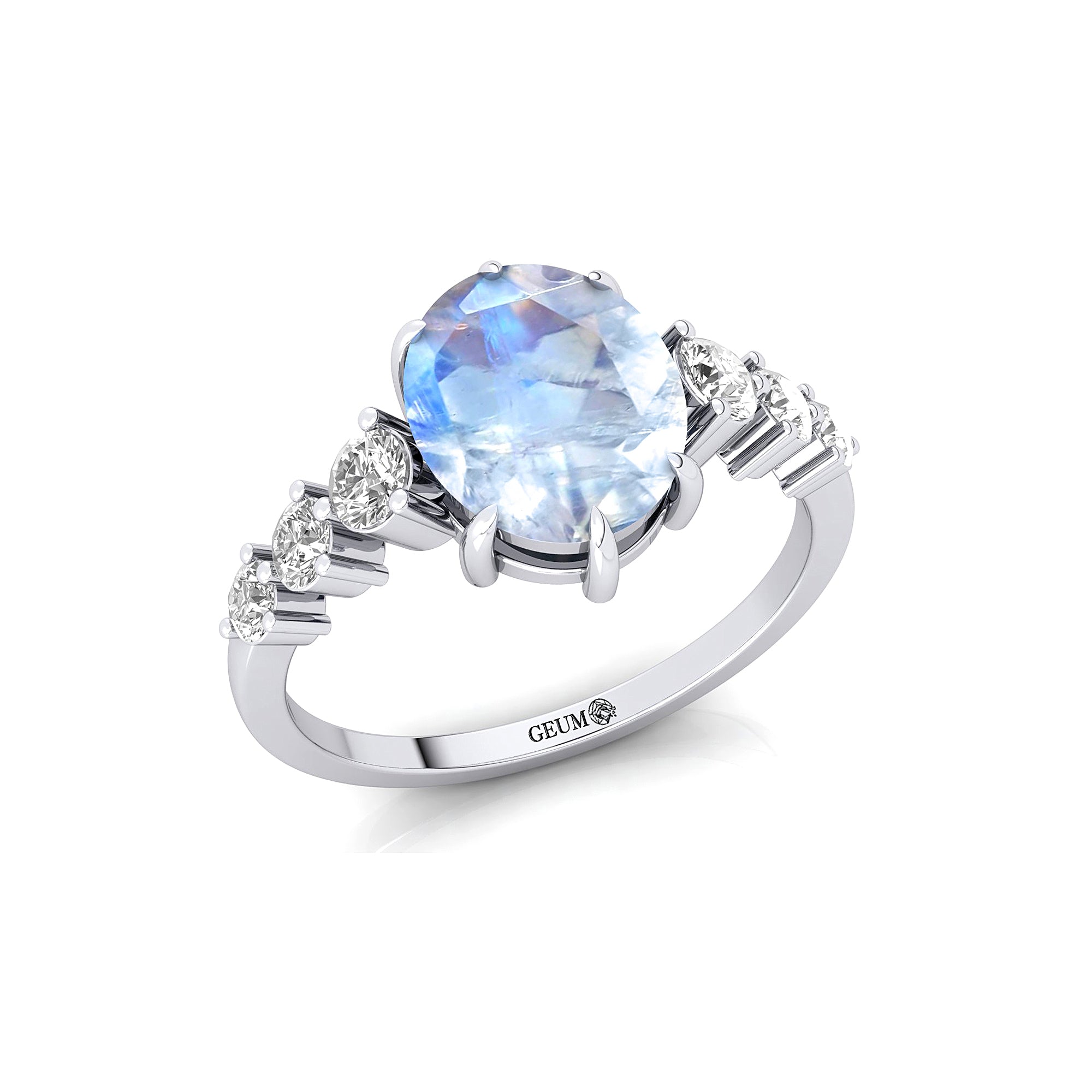 Oval Cut Moonstone with Graduated Diamonds Ring - GeumJewels
