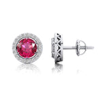 Round Solitaire Pink Sapphire Halo Diamond Stud Earrings - GeumJewels