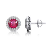 Round Solitaire Pink Sapphire Halo Diamond Stud Earrings - GeumJewels