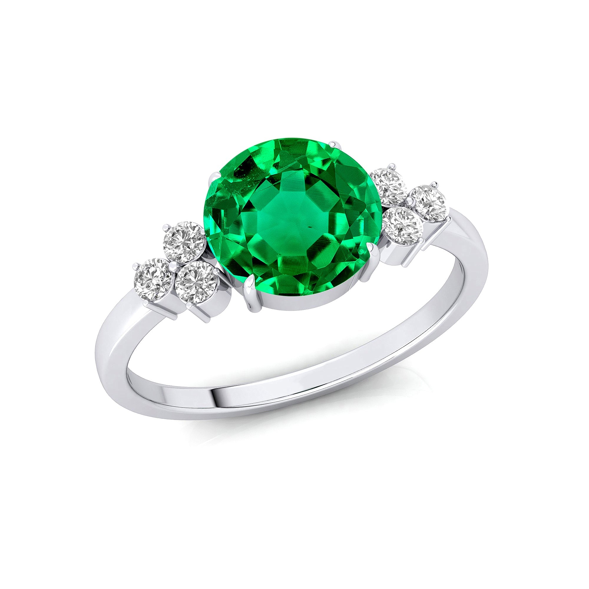 Trio Diamond Engagement Ring with Round Solitaire Emerald - GeumJewels