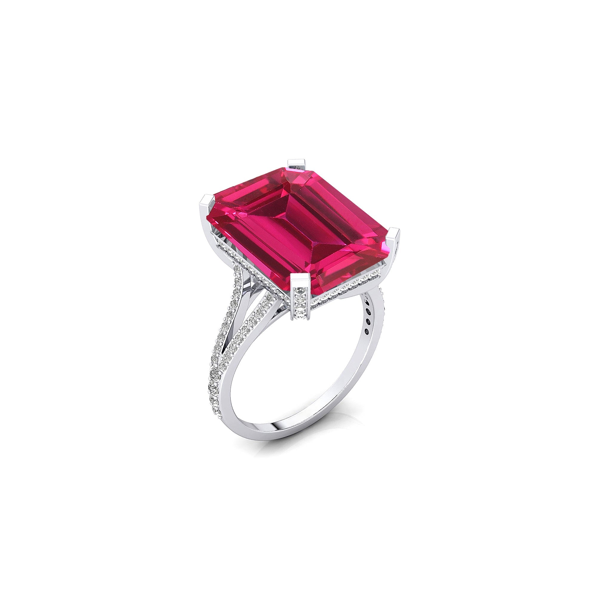 Emerald Cut Pink Sapphire Split Shank Engagement Ring with Diamonds - GeumJewels