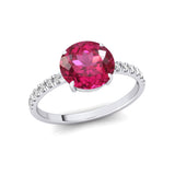 Classic Six Prong Round Solitaire Pink Sapphire Ring with Accent Diamond Band - GeumJewels