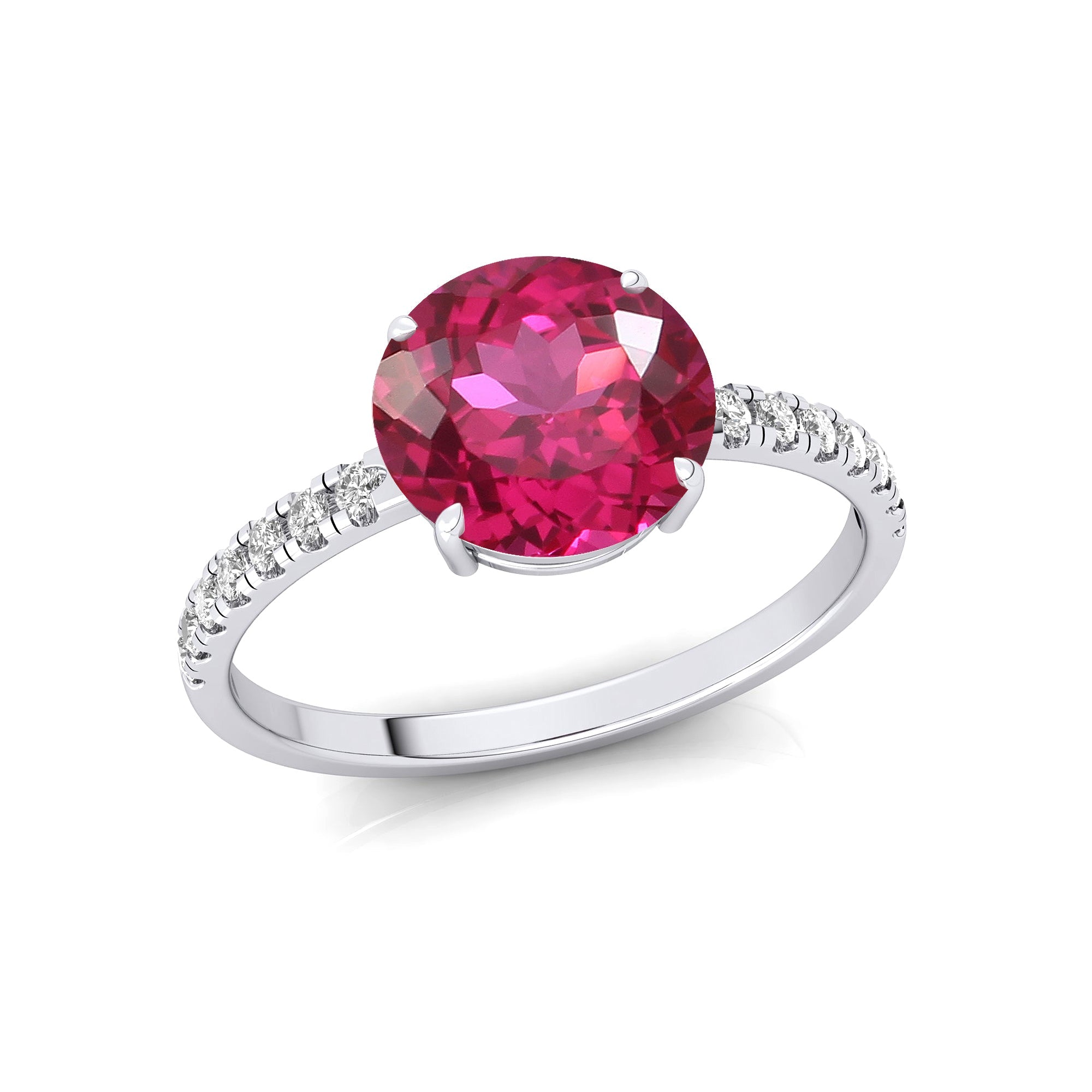 Classic Six Prong Round Solitaire Pink Sapphire Ring with Accent Diamond Band - GeumJewels