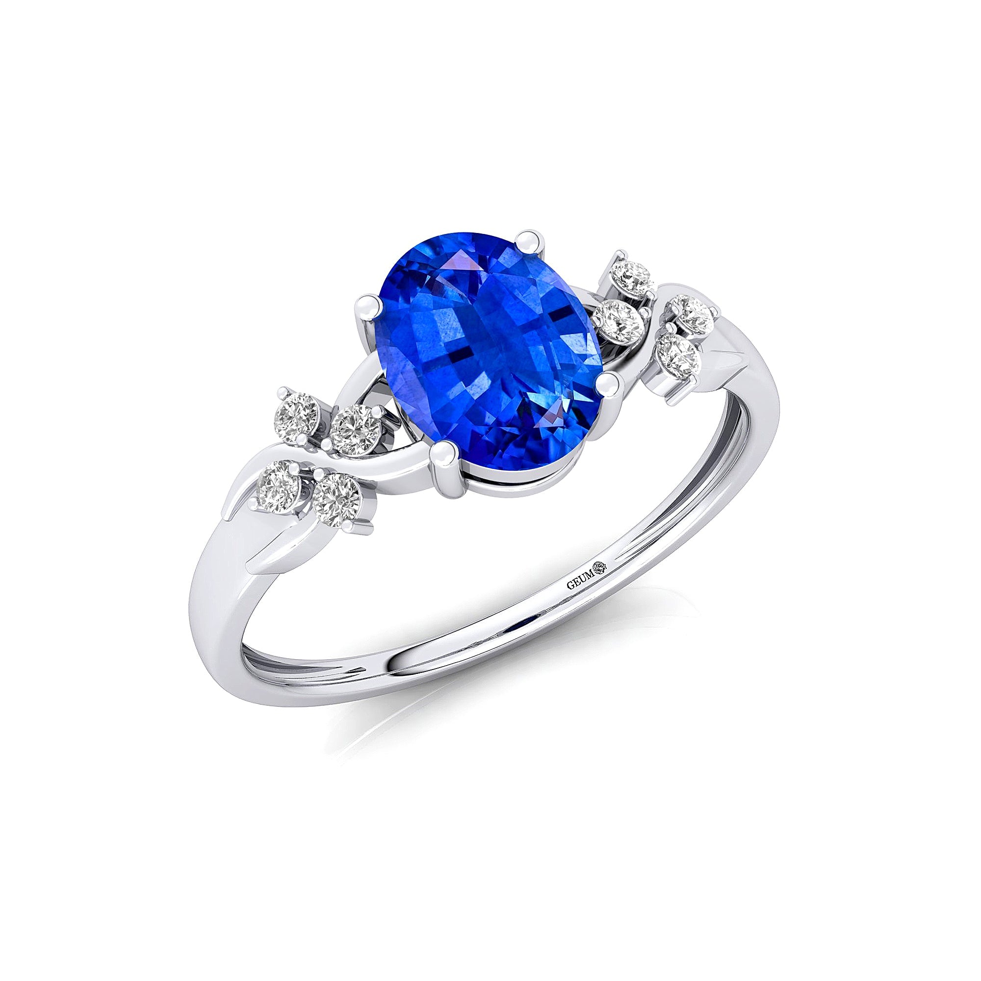 Criss Cross Diamond Ring with Oval Cut Blue Sapphire - GeumJewels