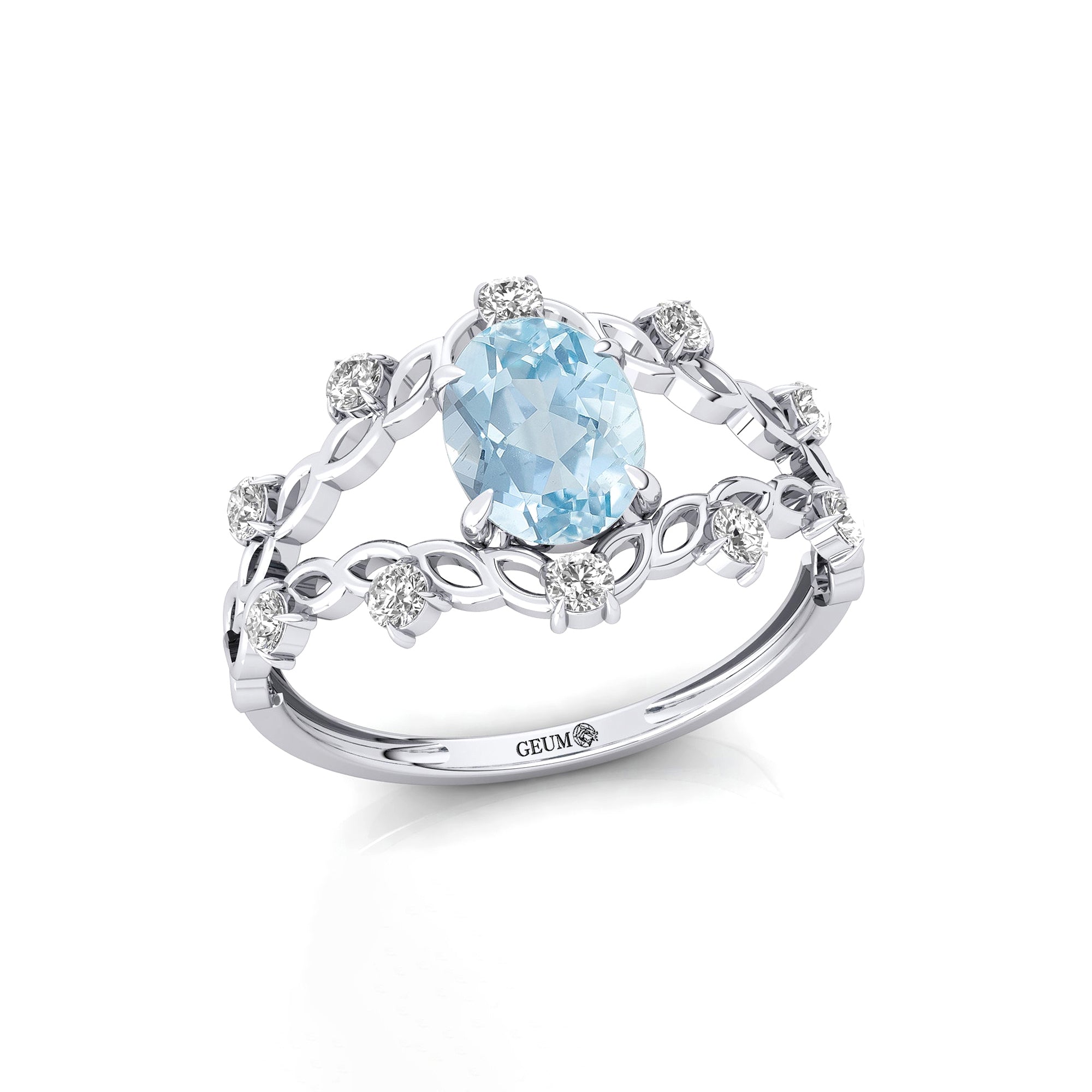 Flower Inspired Ring with Oval Shaped Aquamarine and Accent Diamonds - GeumJewels