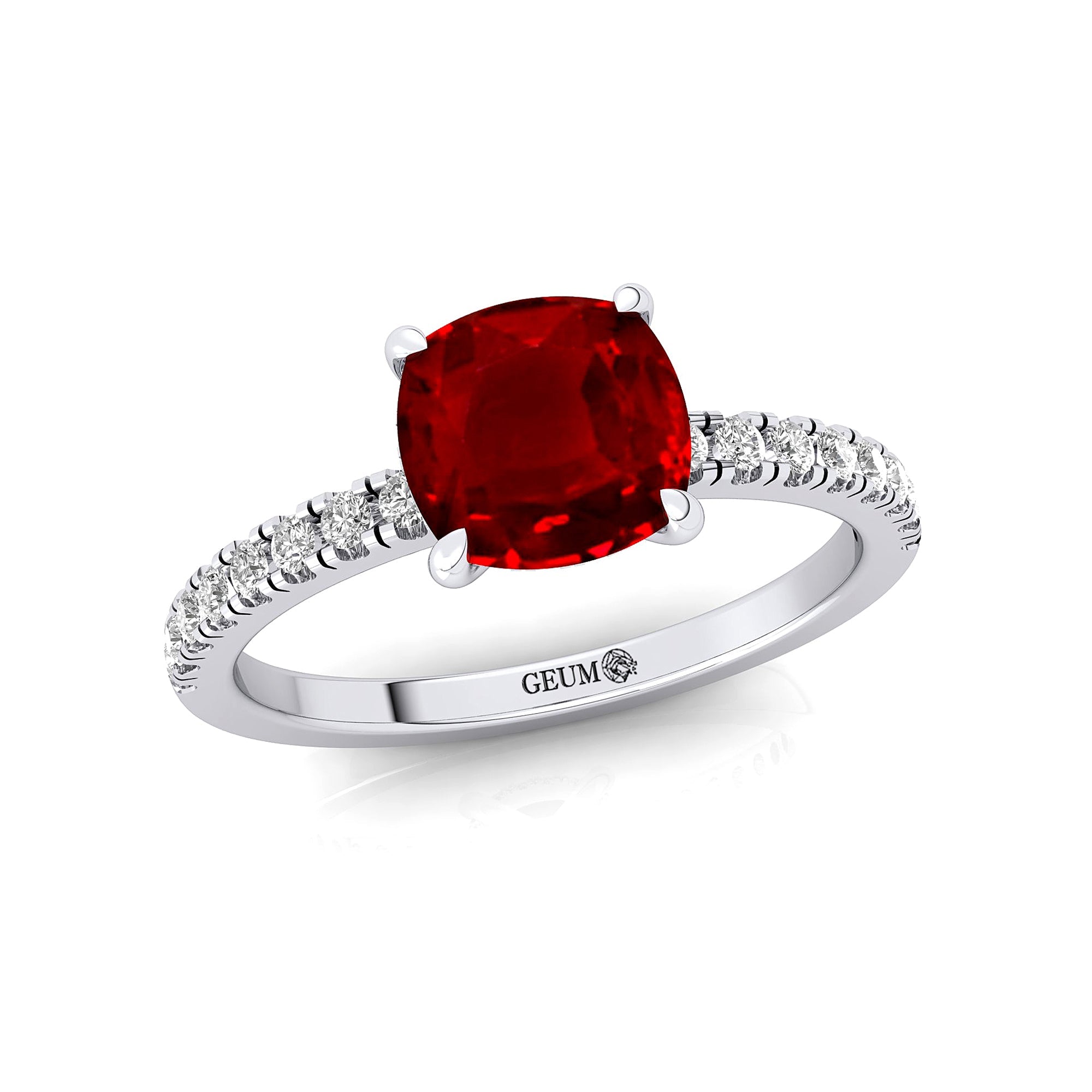 Ruby Square Cushion Under Halo Diamonds Thin Ring with Diamond Band - GeumJewels