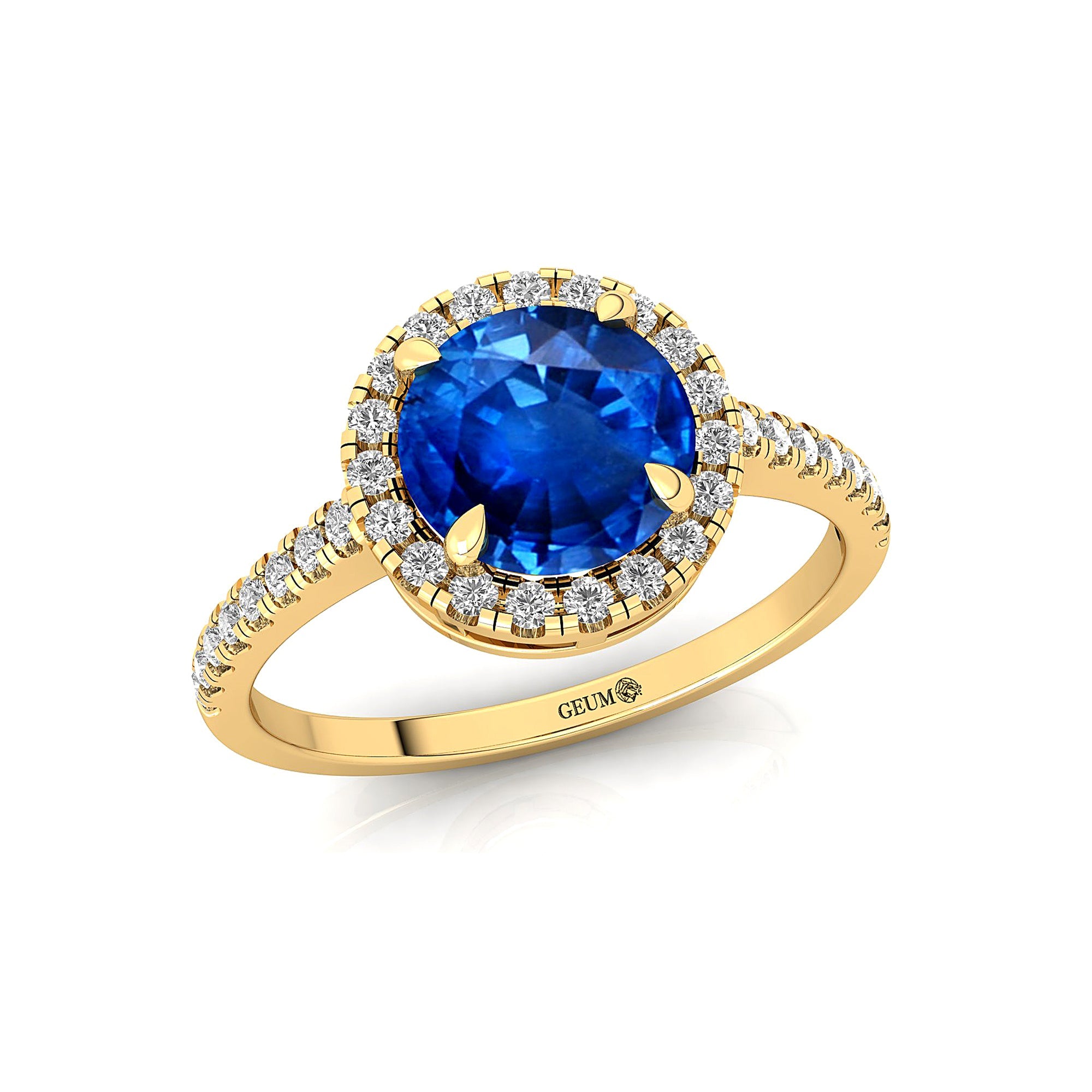 Classic Round Halo Diamonds with Solitaire Blue Sapphire Engagement Ring - GeumJewels