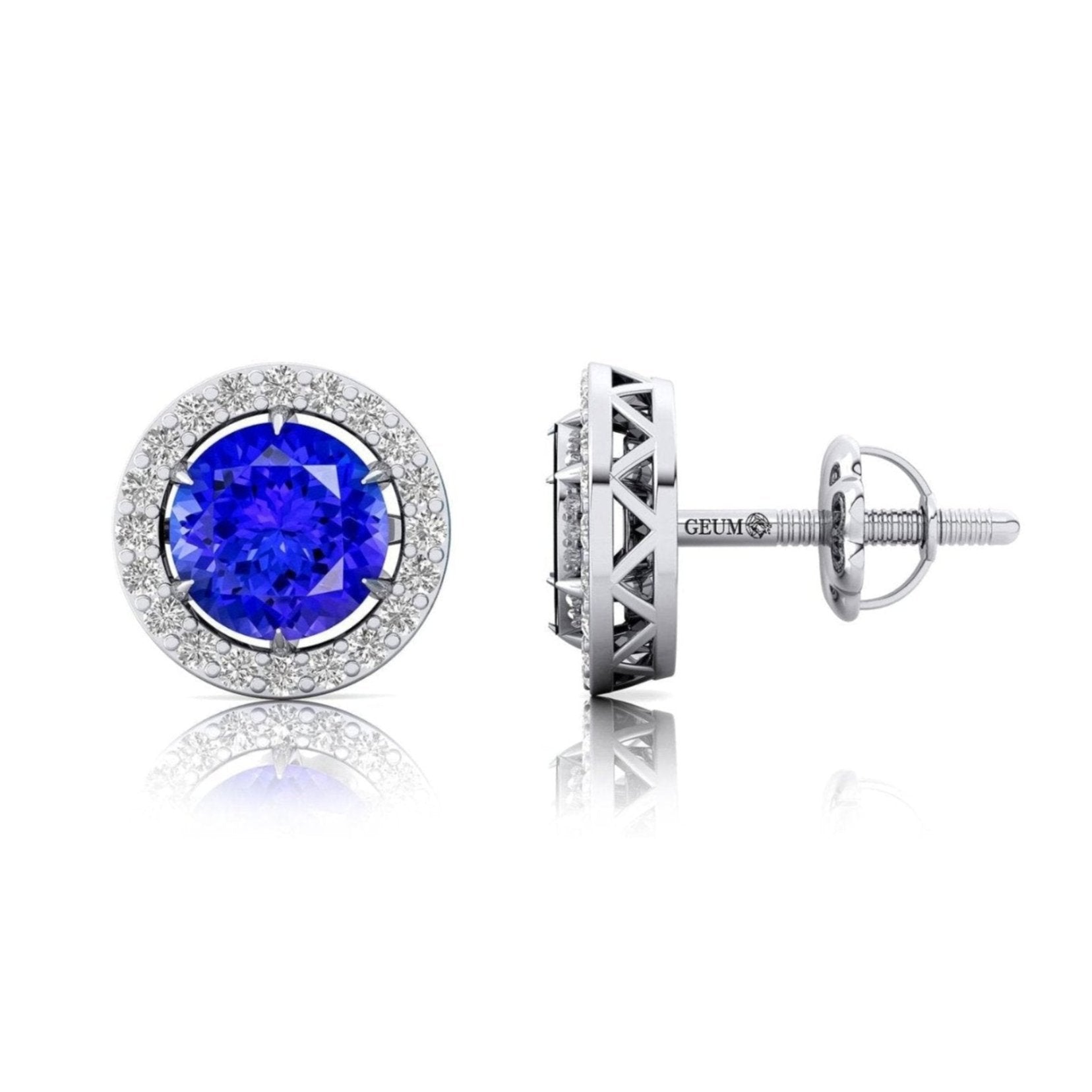 Round Solitaire Tanzanite Halo Diamond Stud Earrings - GeumJewels