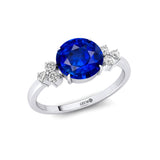 Trio Diamond Engagement Ring with Round Solitaire Blue Sapphire - GeumJewels