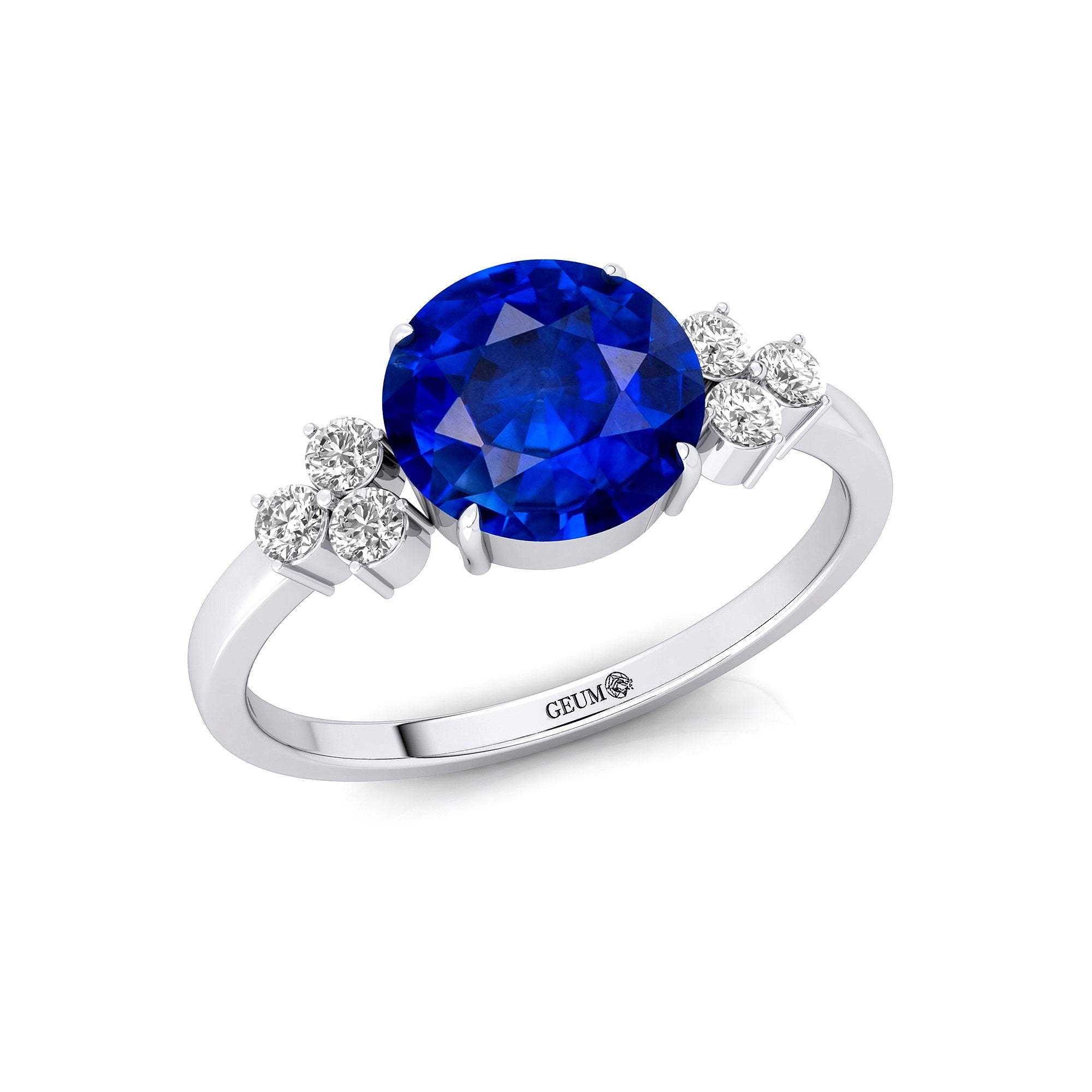 Trio Diamond Engagement Ring with Round Solitaire Blue Sapphire - GeumJewels