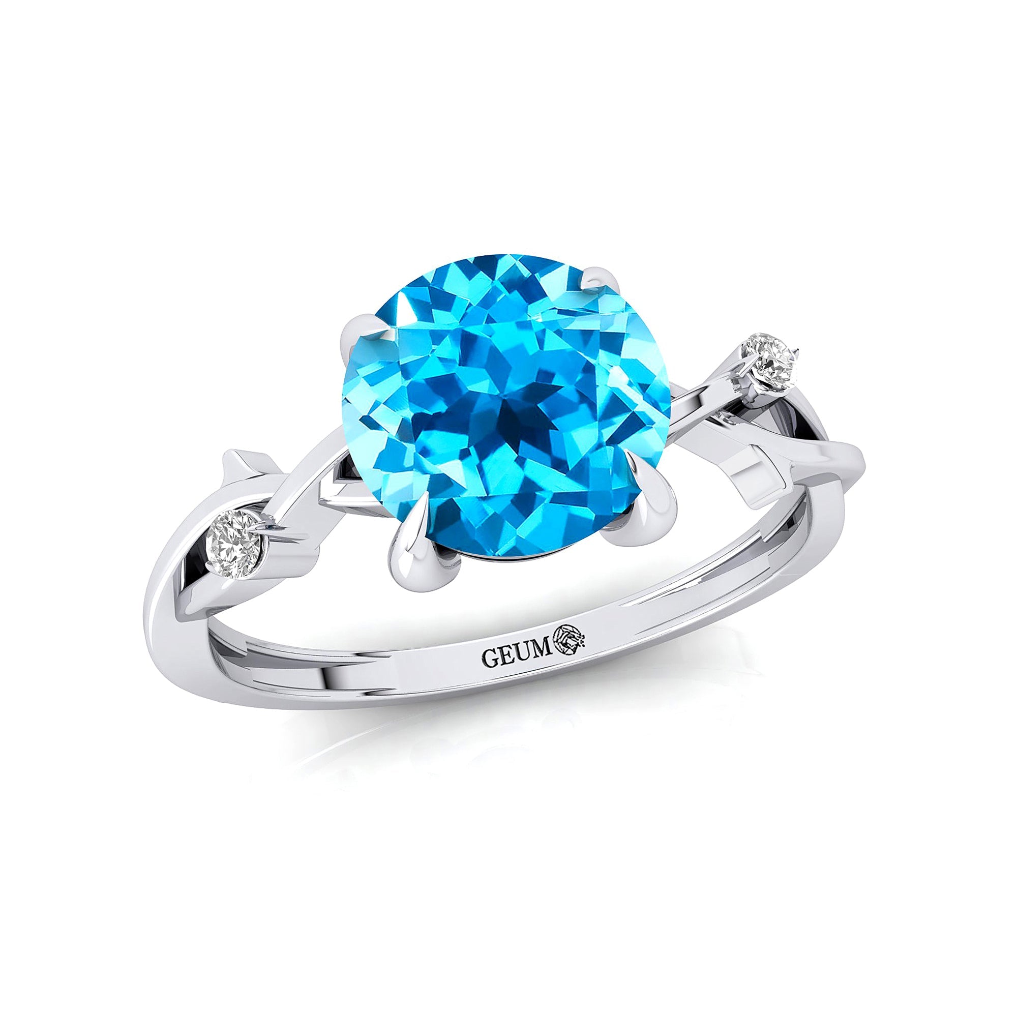 Criss Cross Nature Inspired Diamond Ring  with Round Swiss Blue Topaz - GeumJewels