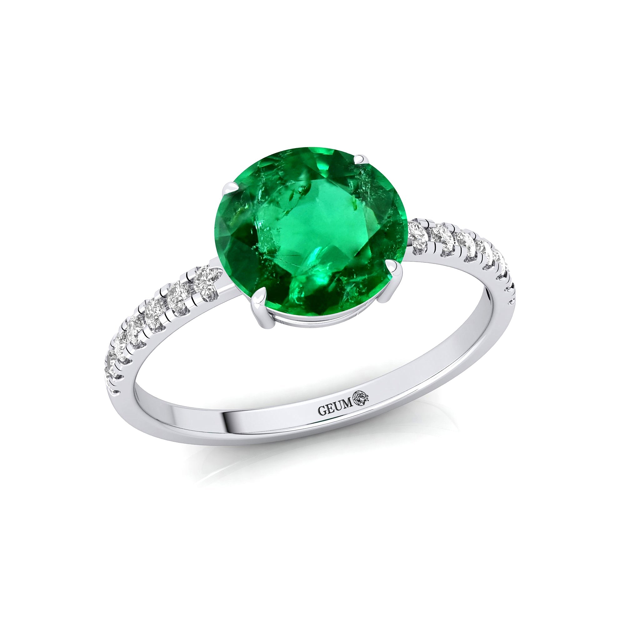 Classic Six Prong Round Solitaire Emerald Ring with Accent Diamond Band - GeumJewels