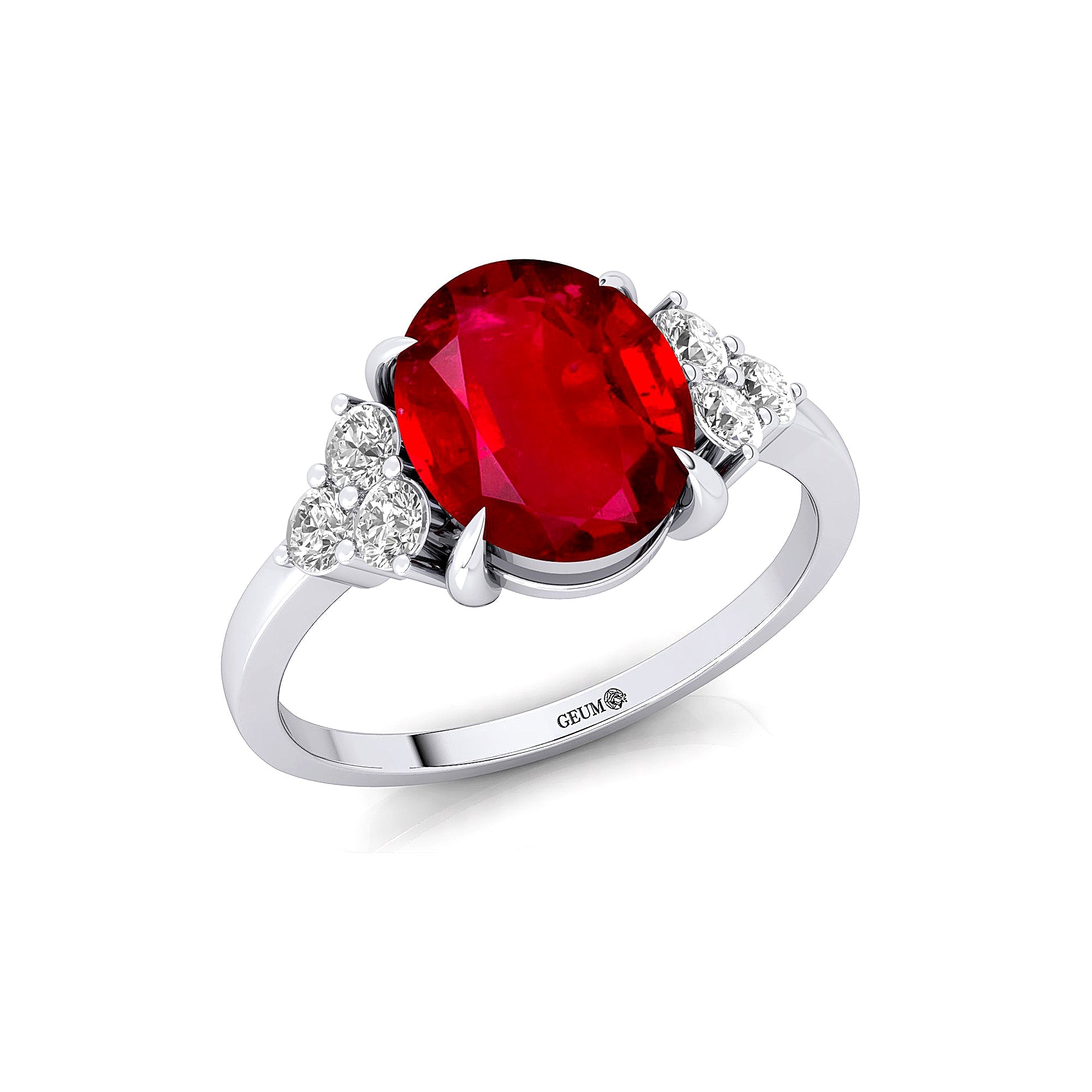 Trio Diamond Engagement Ring with Oval Cut Ruby - GeumJewels