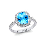 Elongated Cushion Halo Set Swiss Blue Topaz Engagement Ring with Diamond Band - GeumJewels
