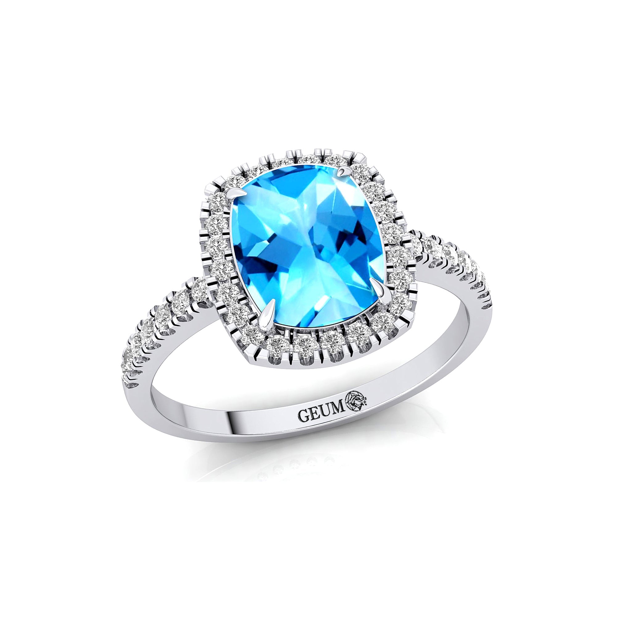 Elongated Cushion Halo Set Swiss Blue Topaz Engagement Ring with Diamond Band - GeumJewels