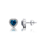 Heart Shaped London Blue Topaz Halo Diamond Stud Earrings - GeumJewels
