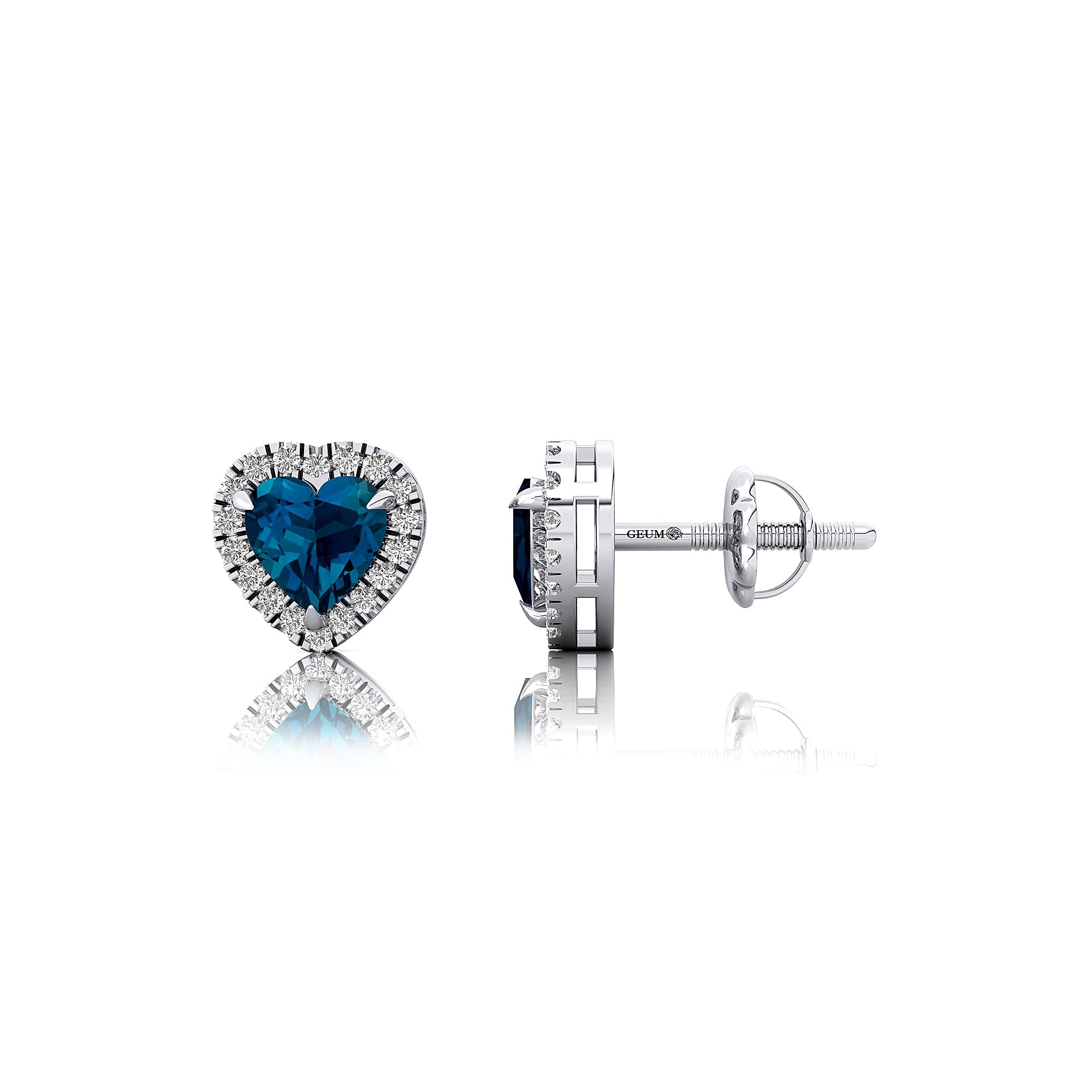 Heart Shaped London Blue Topaz Halo Diamond Stud Earrings - GeumJewels