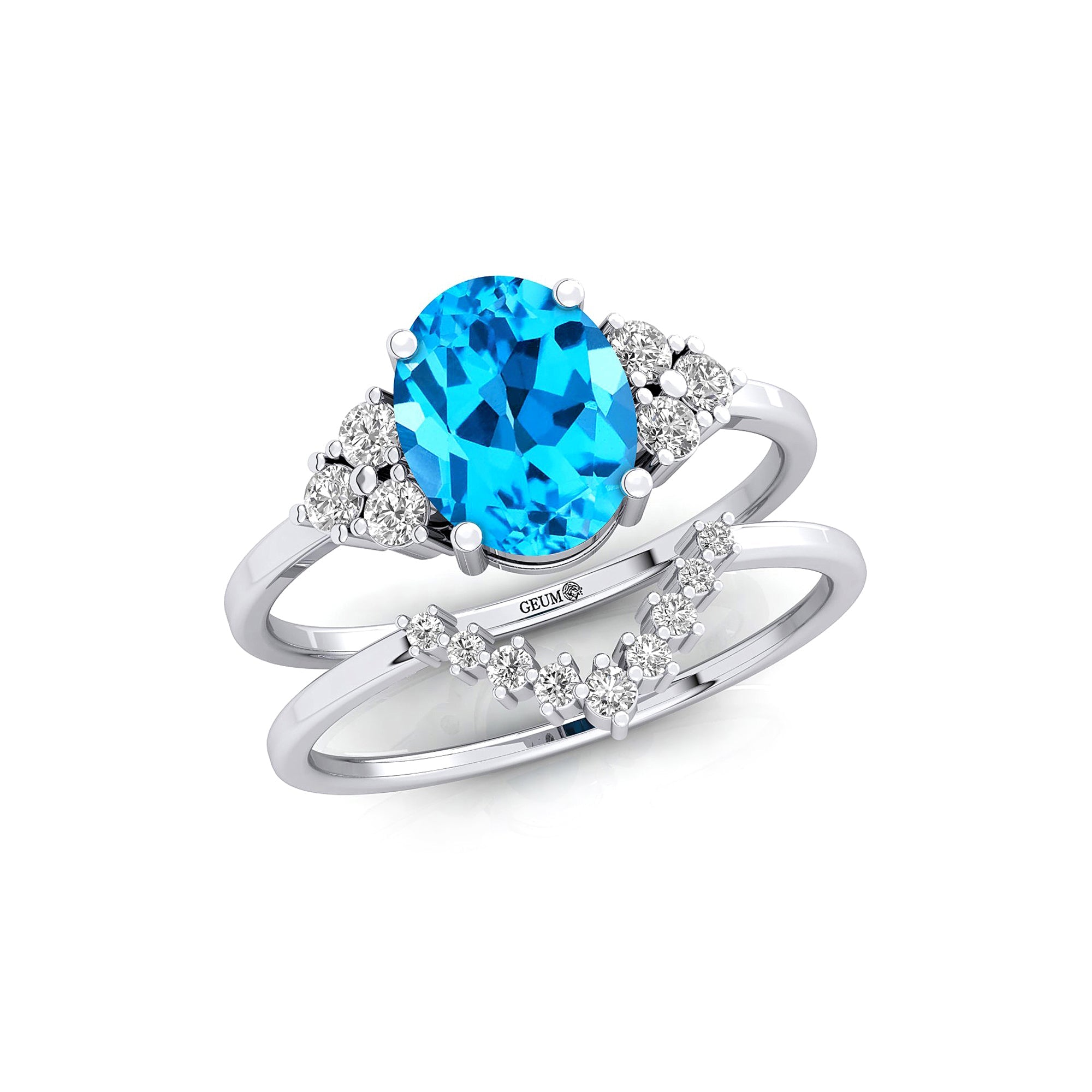 Swiss Topaz Solitaire Gold Ring With Stackable Diamond Band - GeumJewels