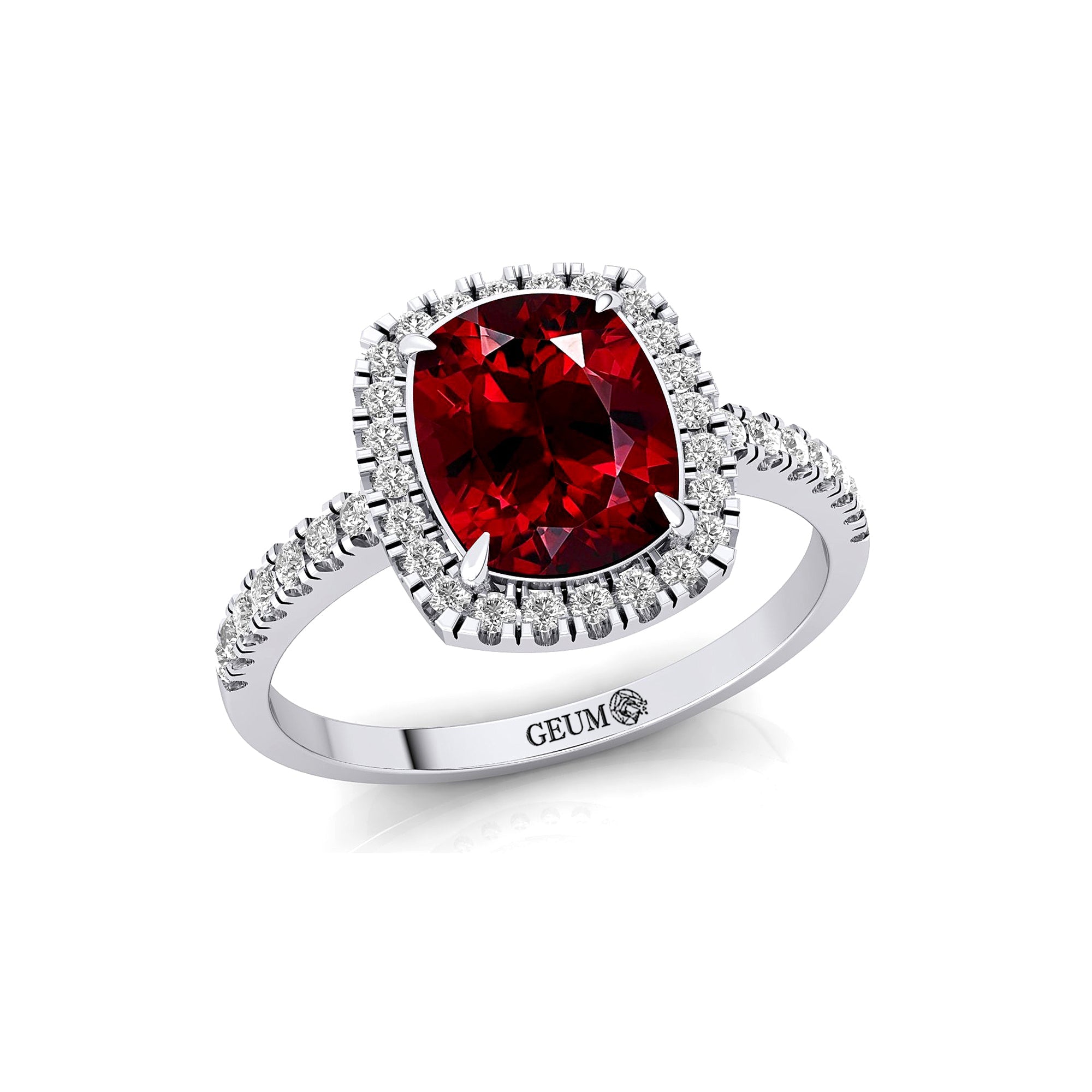 Elongated Cushion Halo Set Garnet Engagement Ring with Diamond Band - GeumJewels