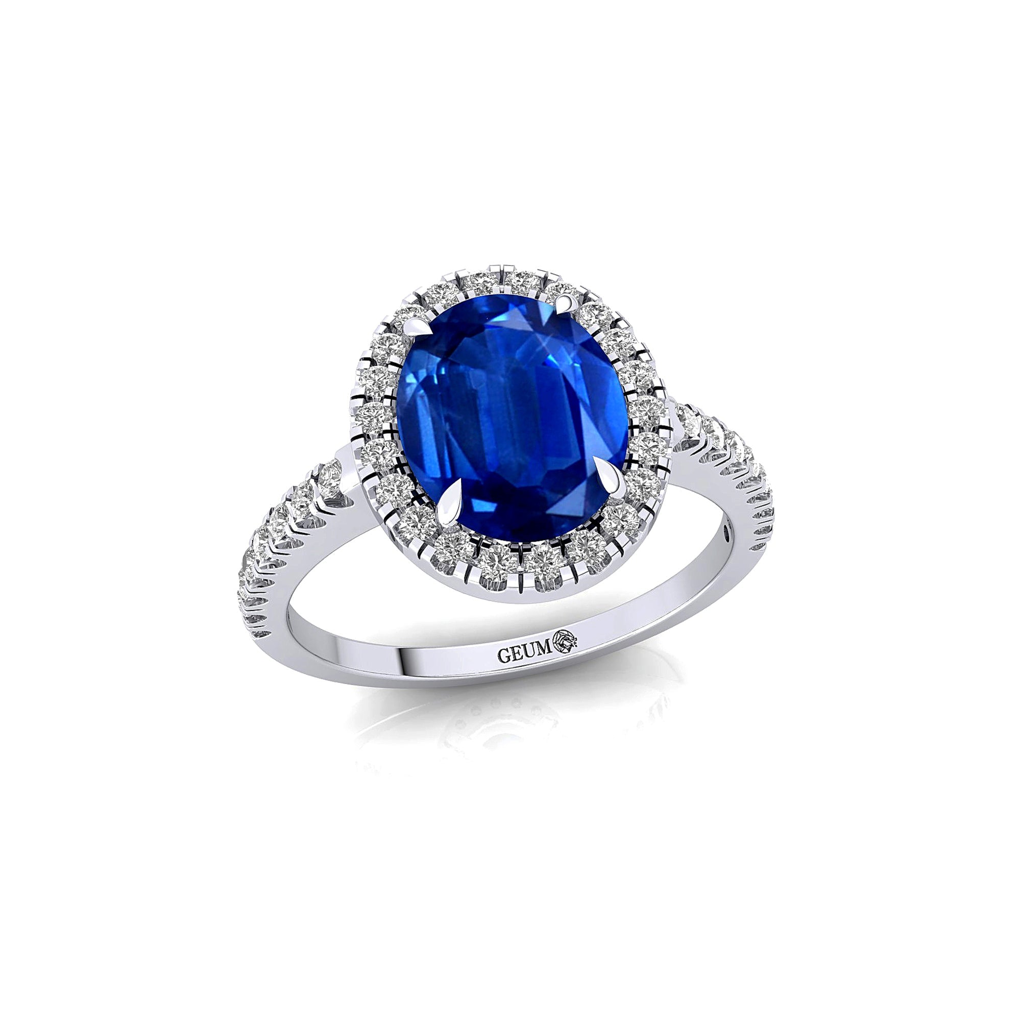 Oval Solitaire Blue Sapphire Halo Diamond Engagement Ring - GeumJewels