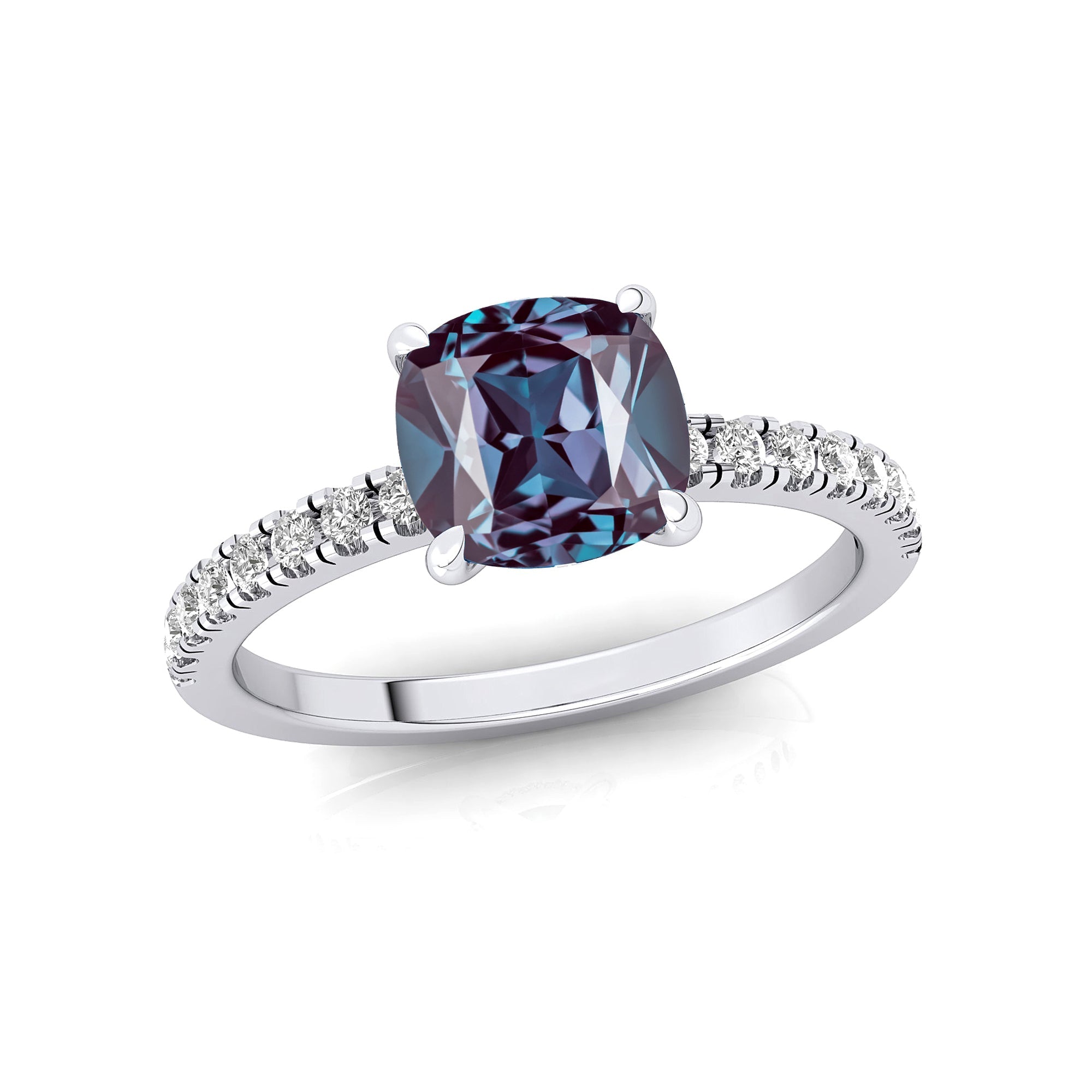 Alexandrite Square Cushion Under Halo Diamonds Thin Ring with Diamond Band - GeumJewels