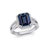 Halo Set Emerald Shaped Alexandrite Split Shank Ring with Accent Diamonds - GeumJewels