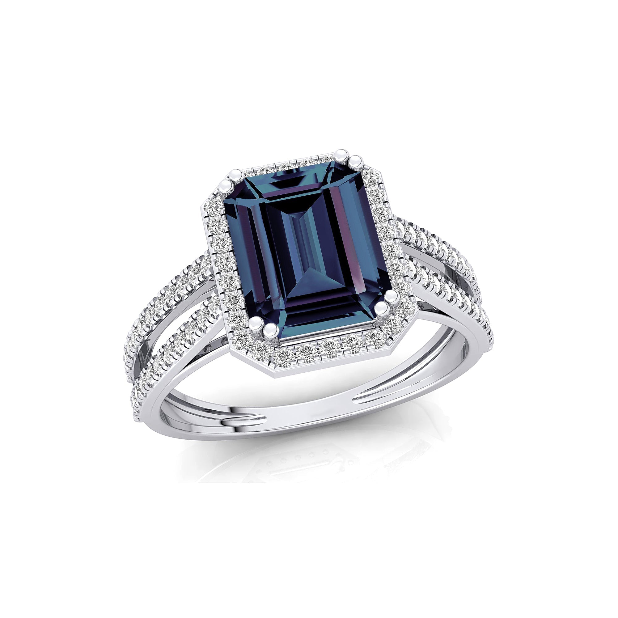 Halo Set Emerald Shaped Alexandrite Split Shank Ring with Accent Diamonds - GeumJewels