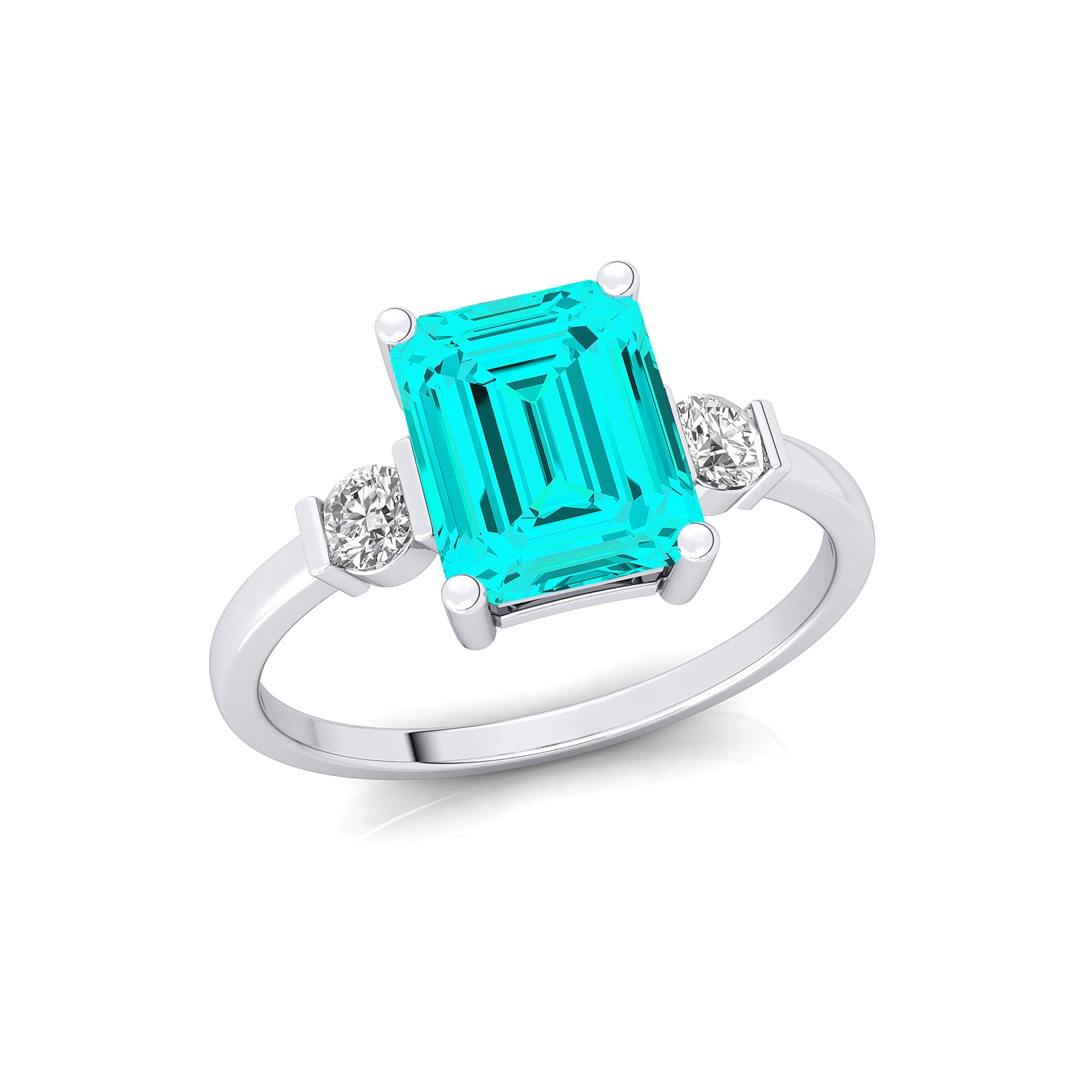 Emerald Cut Paraiba Tourmaline and Diamond Three Stone Ring - GeumJewels