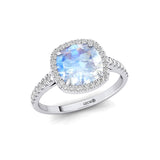 Halo Diamond Engagement Ring with Cushion Cut Moonstone - GeumJewels
