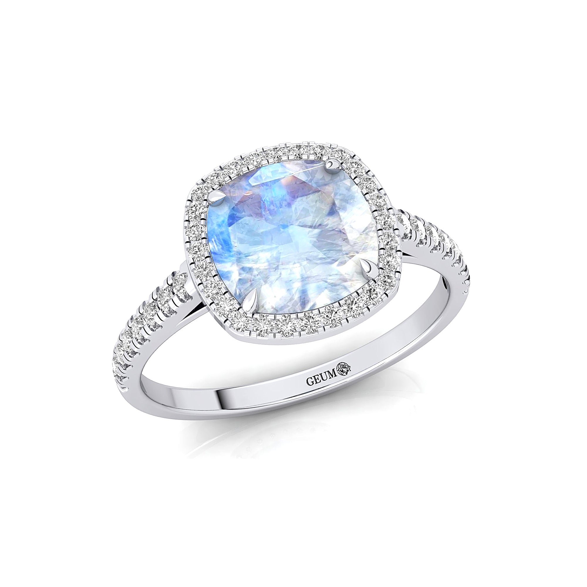Halo Diamond Engagement Ring with Cushion Cut Moonstone - GeumJewels