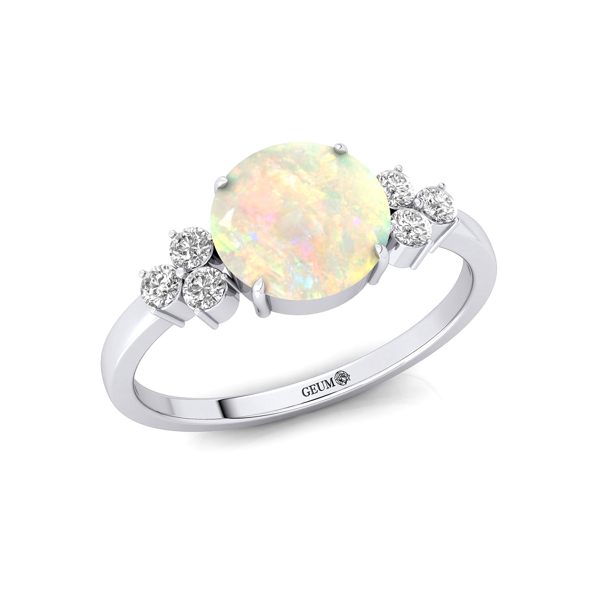 Trio Diamond Engagement Ring with Round Solitaire Opal - GeumJewels