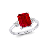 Emerald Cut Ruby and Diamond Three Stone Ring - GeumJewels