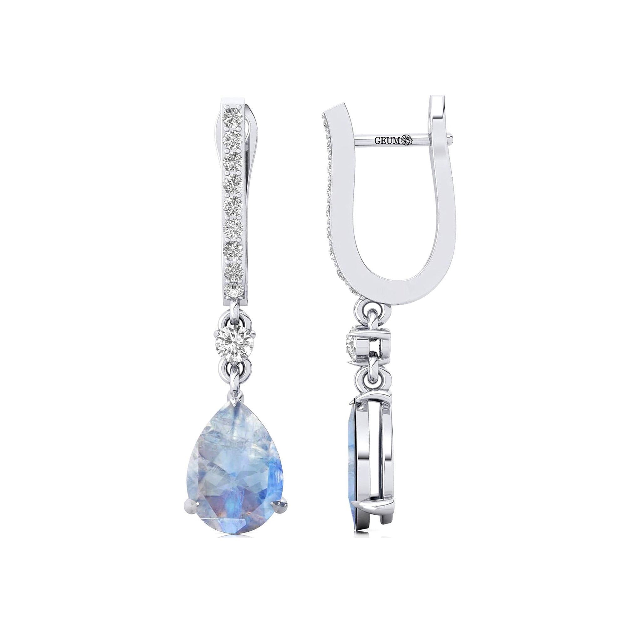 Lever Back Diamond Drop Earrings with Pear Cut Moonstone - GeumJewels
