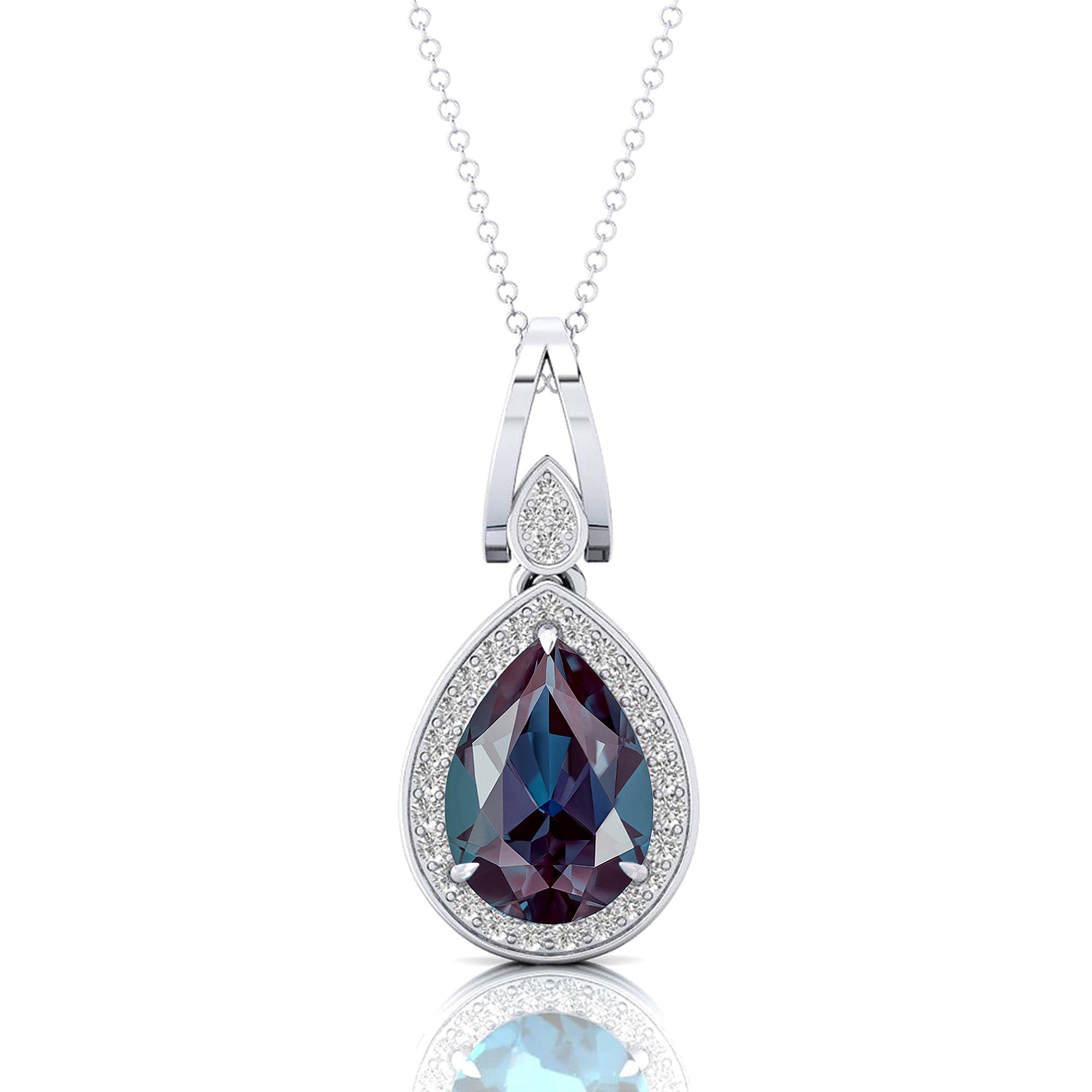 Classic Teardrop Shaped Alexandrite Halo Diamond Dangle Pendant - GeumJewels