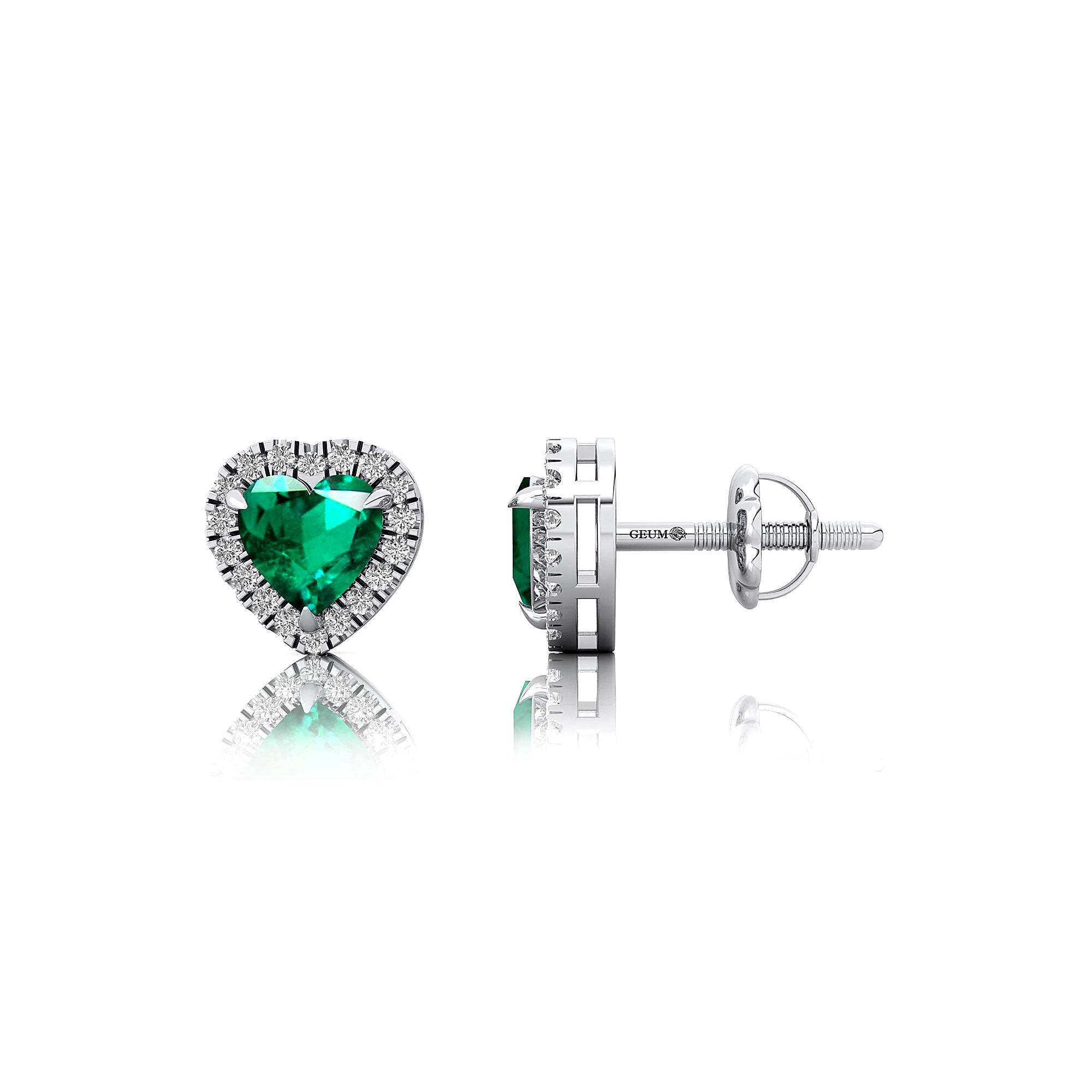 Heart Shaped Emerald Halo Diamond Stud Earrings - GeumJewels