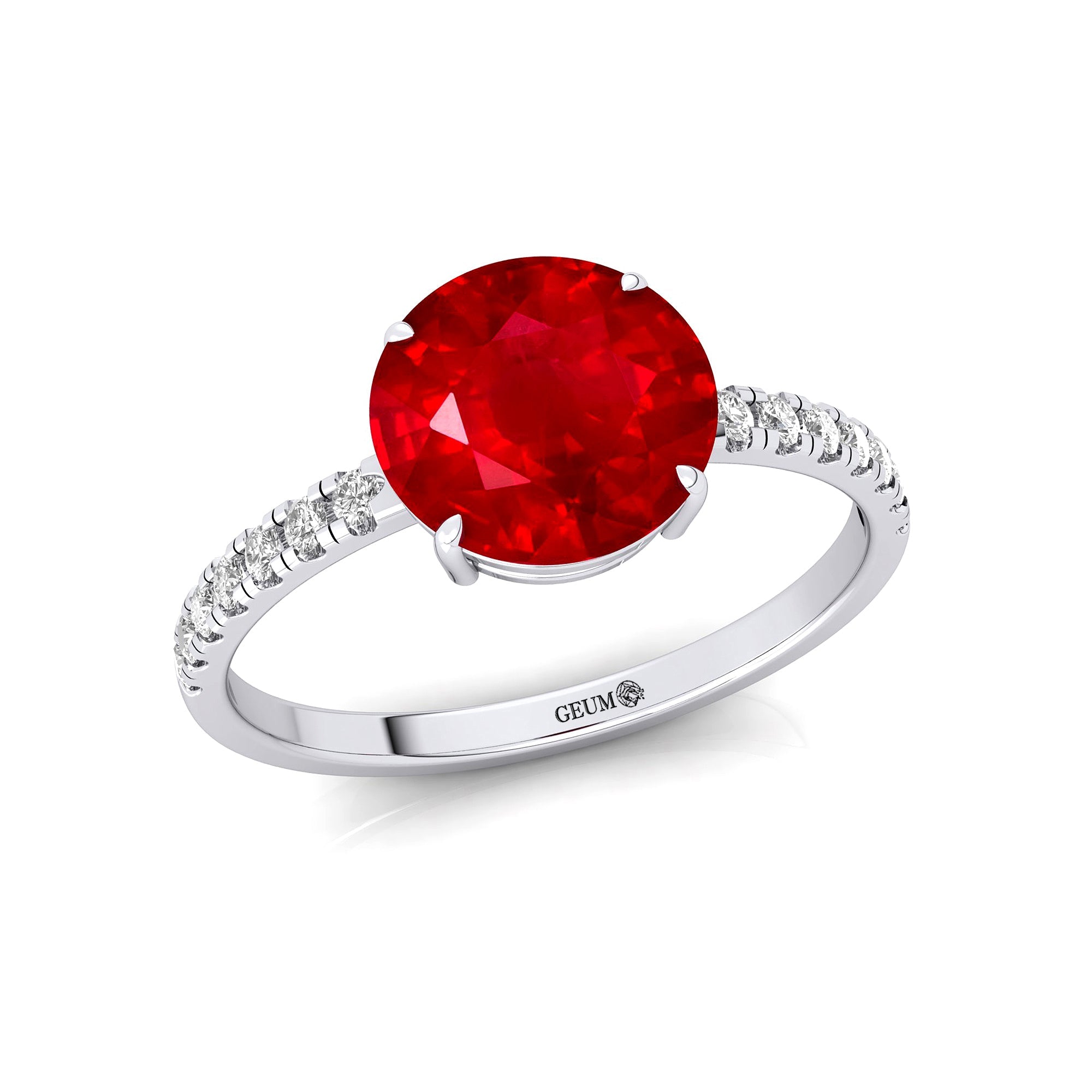 Classic Six Prong Round Solitaire Ruby Ring with Accent Diamond Band - GeumJewels
