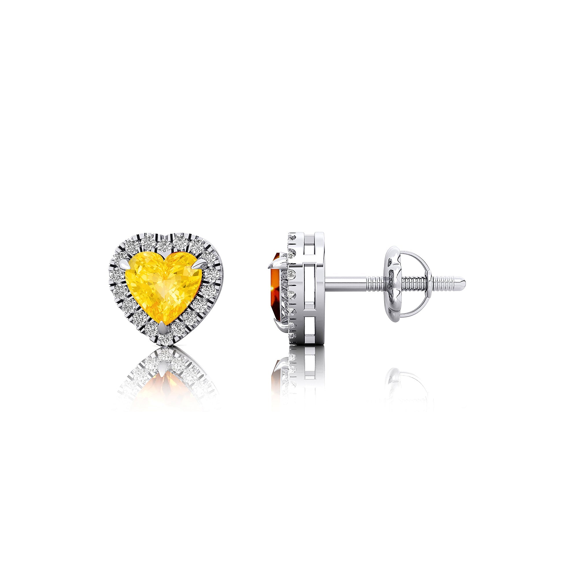 Heart Shaped Yellow Sapphire Halo Diamond Stud Earrings - GeumJewels
