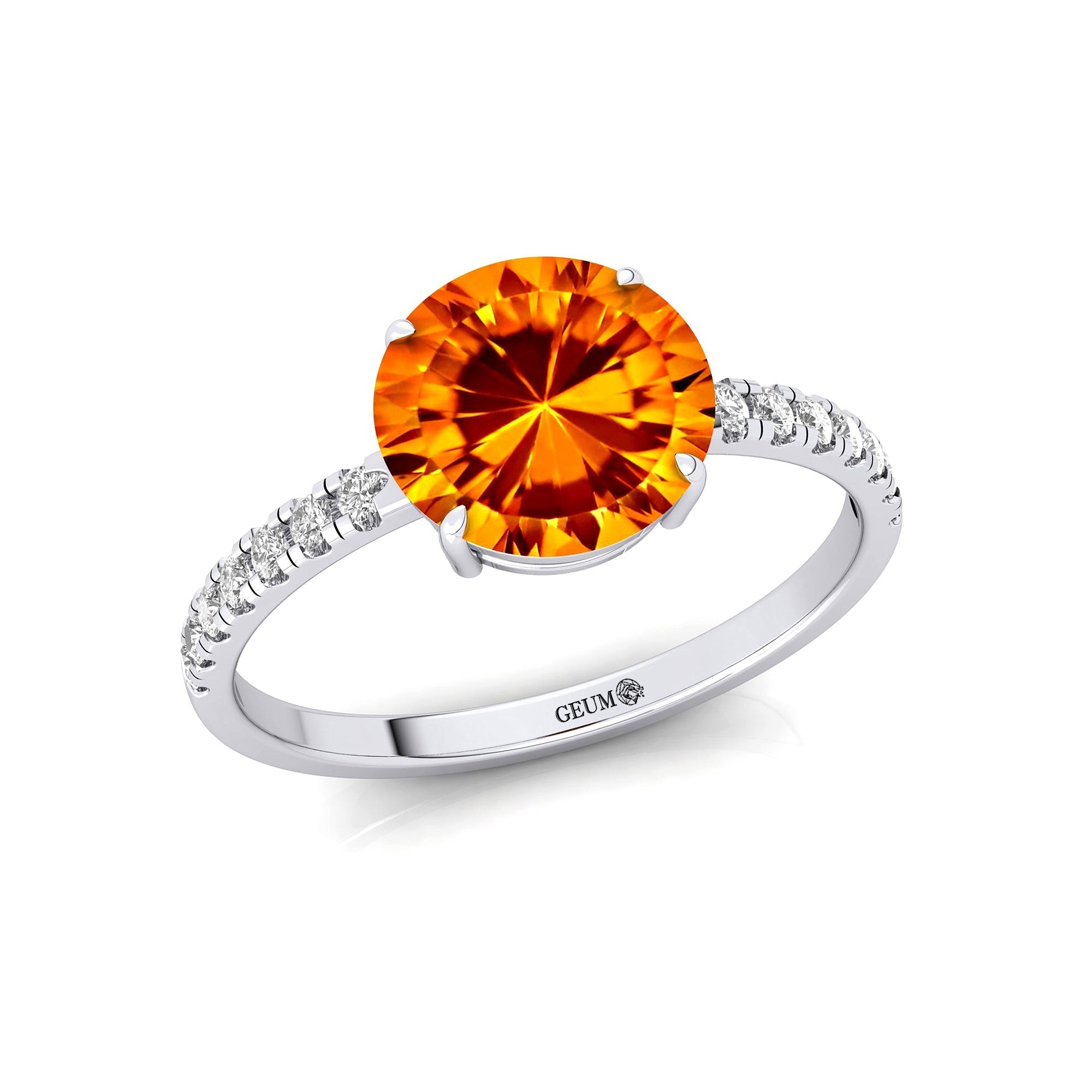 Classic Six Prong Round Solitaire Citrine Ring with Accent Diamond Band - GeumJewels