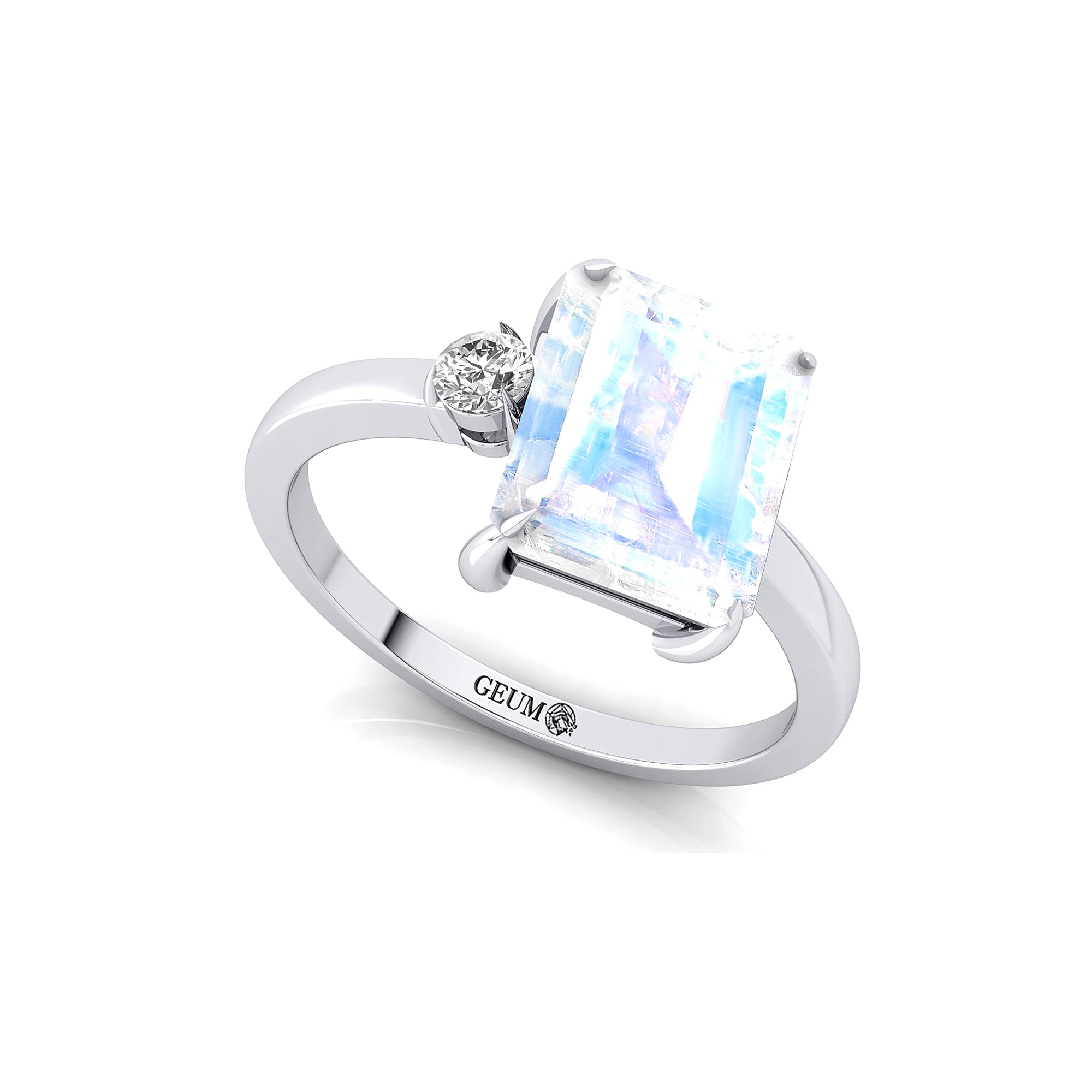 Emerald Shaped Moonstone with 3mm Accent Solitaire Engagement Ring - GeumJewels