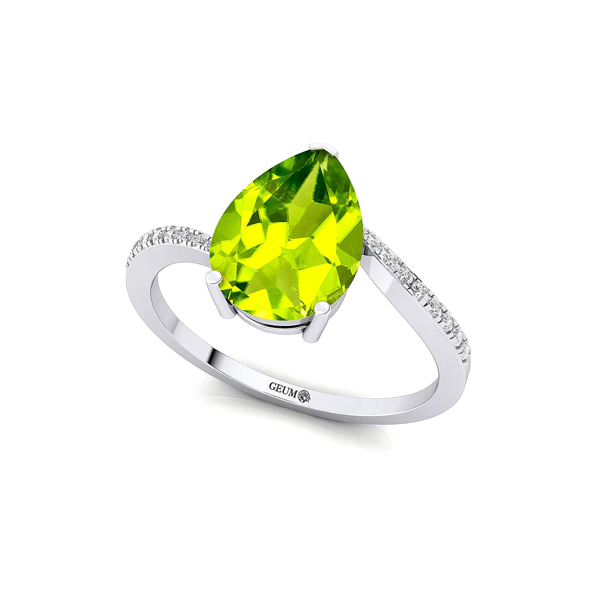 Twisted Up Down Band Pear Shaped Peridot Ring with Accent Diamonds - GeumJewels