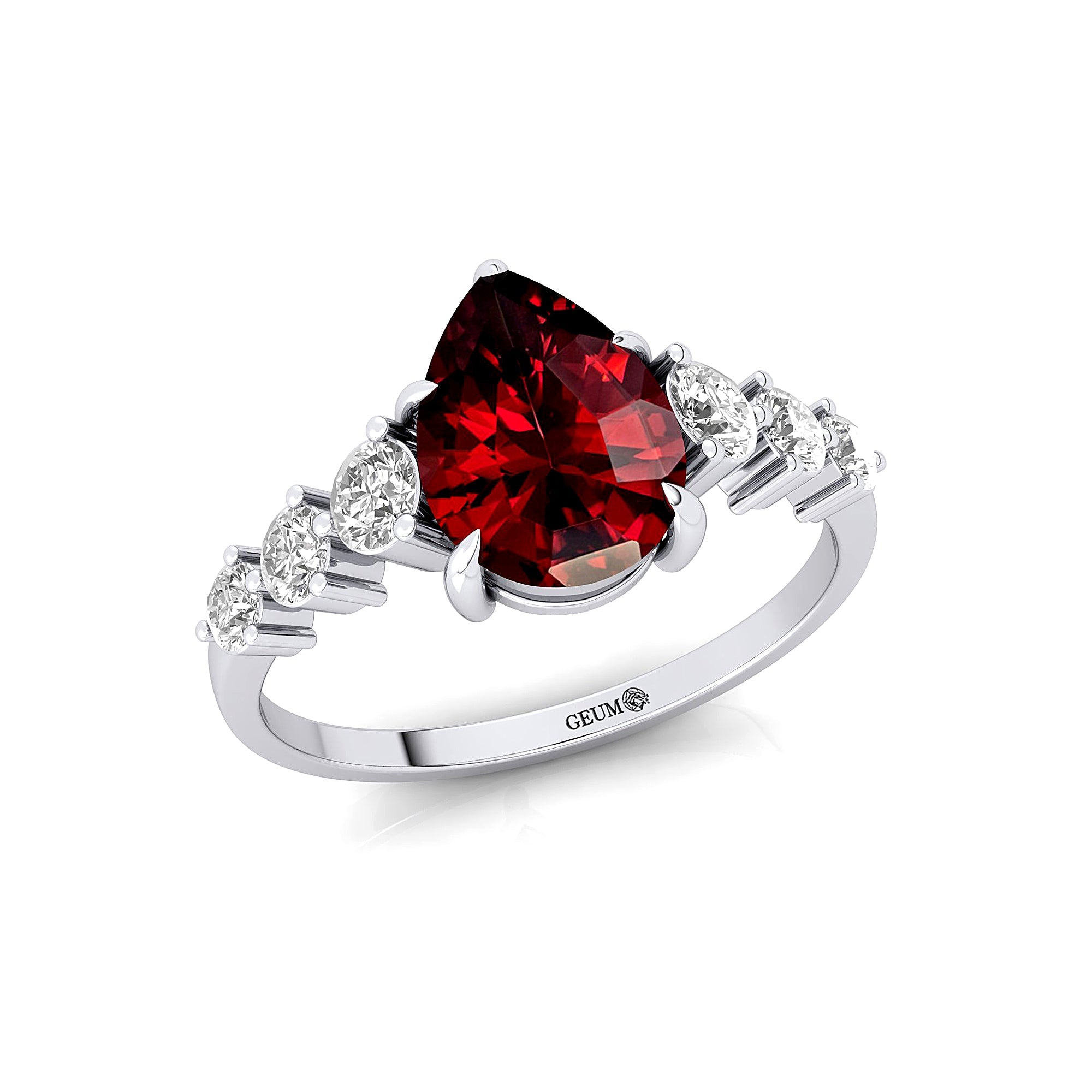 Pear Cut Garnet with Graduated Diamonds Ring - GeumJewels